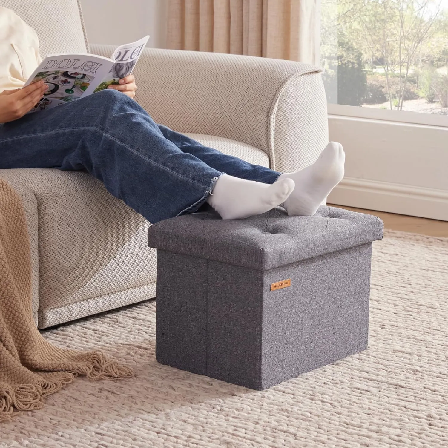 HAUSFRAU Storage Ottoman Foot Rest Stool, Small Folding Ottoman with Storage, Tufted Square Cube Footrest, Linen Grey