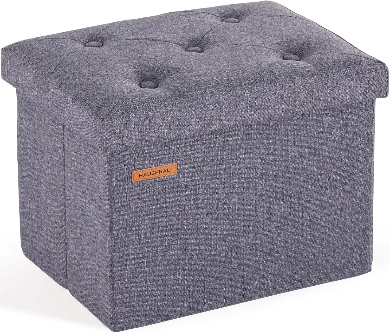 HAUSFRAU Storage Ottoman Foot Rest Stool, Small Folding Ottoman with Storage, Tufted Square Cube Footrest, Linen Grey