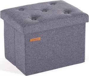 HAUSFRAU Storage Ottoman Foot Rest Stool, Small Folding Ottoman with Storage, Tufted Square Cube Footrest, Linen Grey