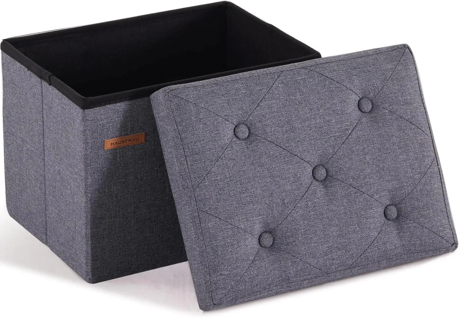 HAUSFRAU Storage Ottoman Foot Rest Stool, Small Folding Ottoman with Storage, Tufted Square Cube Footrest, Linen Grey