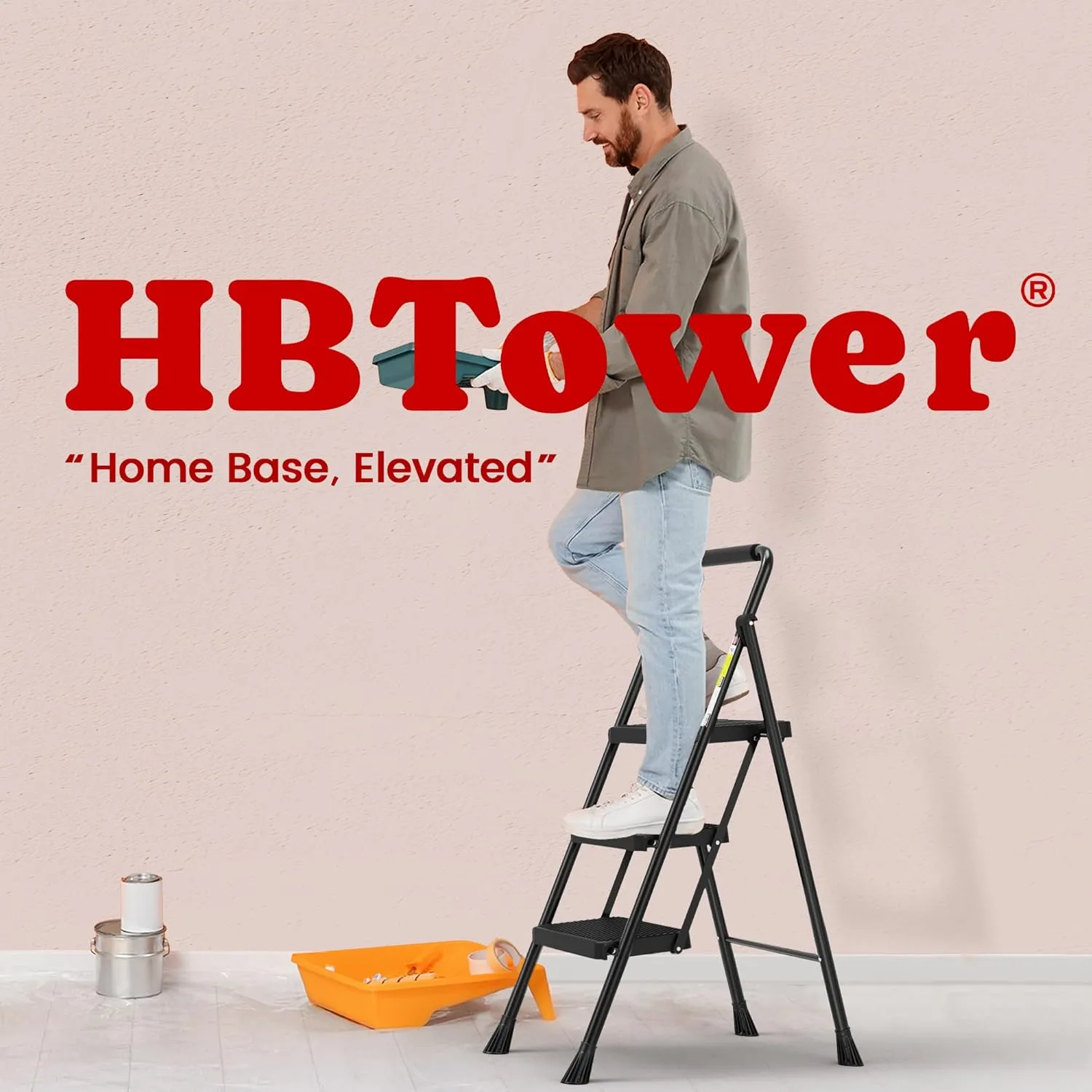 HBTower Step Ladder, Folding Step Stool with Wide Anti-Slip Pedal, Sturdy Steel Ladder, Convenient Handrail, Lightweight, Portable Steel Step Stool