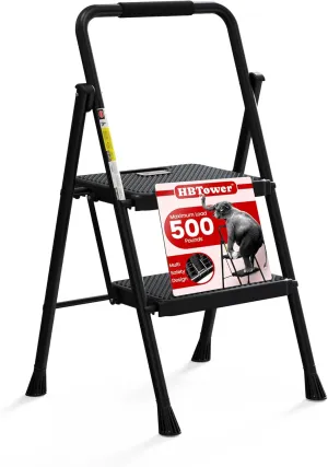 HBTower Step Ladder, Folding Step Stool with Wide Anti-Slip Pedal, Sturdy Steel Ladder, Convenient Handrail, Lightweight, Portable Steel Step Stool