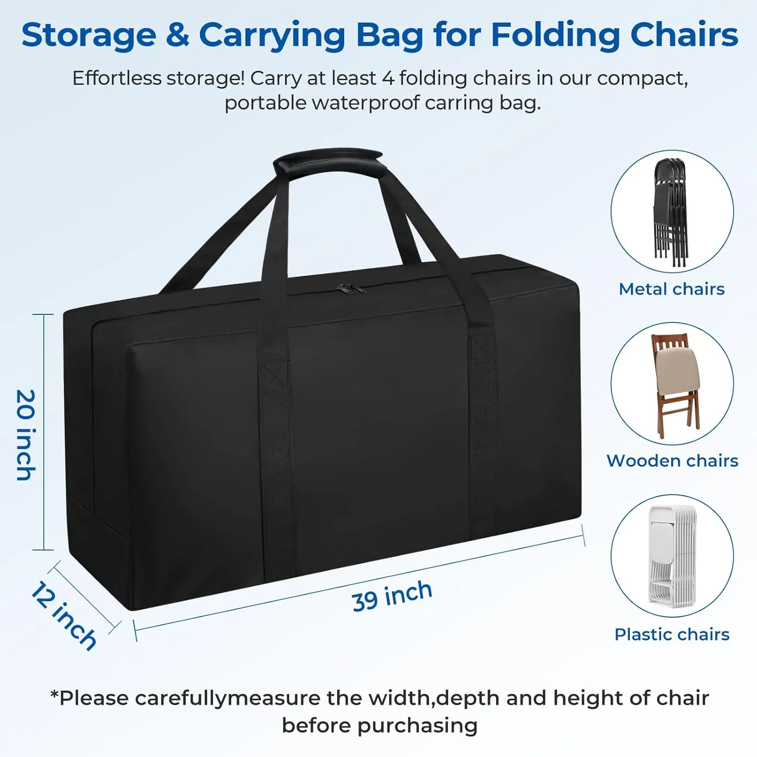 Heavy Duty Folding Chair Storage Bag,Large Waterproof Carry Bag for Metal,Wooden and Plastic Chairs,with Sturdy Handle (39"L x 12" W x 20" H)