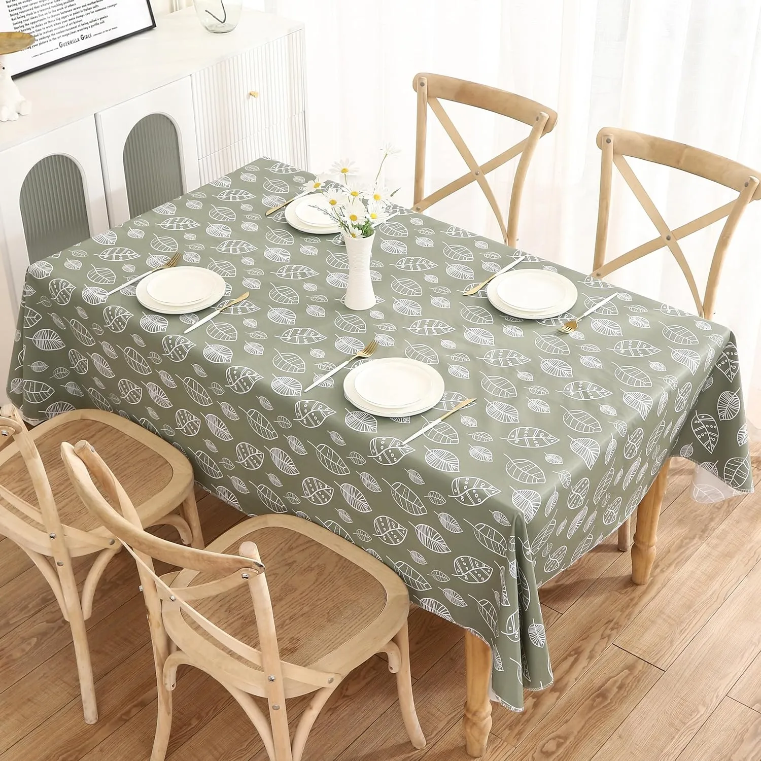 Heavy Duty Vinyl Tablecloth with Flannel Backing Waterproof Oil-Proof Plastic Table Cloth Stain-Resistant Wipeable Rectangle or Square Table Cover for Dining, Camping (Fallen Leaves, 60X102 Inch)