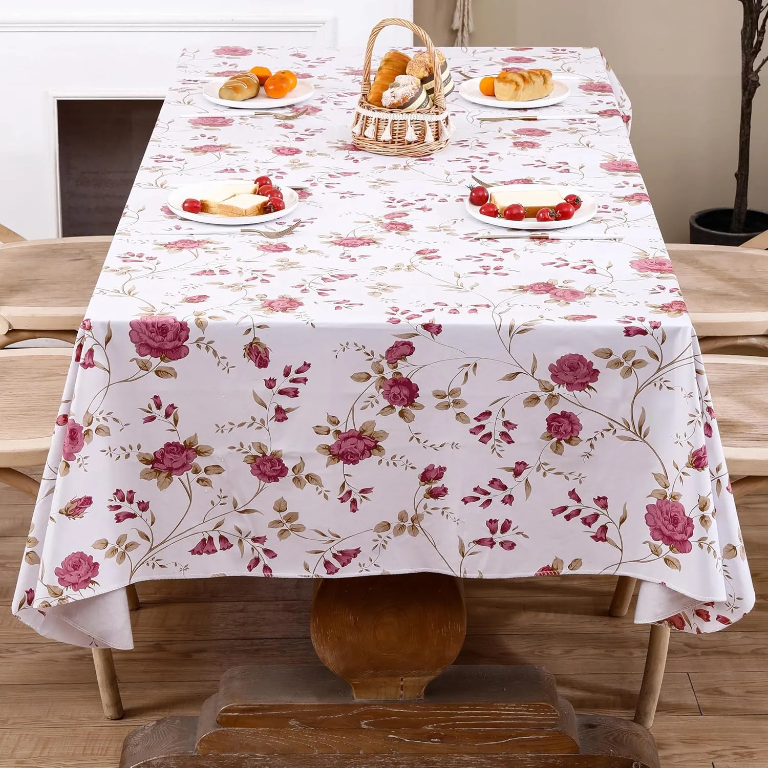 Heavy Duty Vinyl Tablecloth with Flannel Backing Waterproof Oil-Proof Plastic Table Cloth Stain-Resistant Wipeable Rectangle or Square Table Cover for Dining, Camping (Flower, 60X102 Inch)