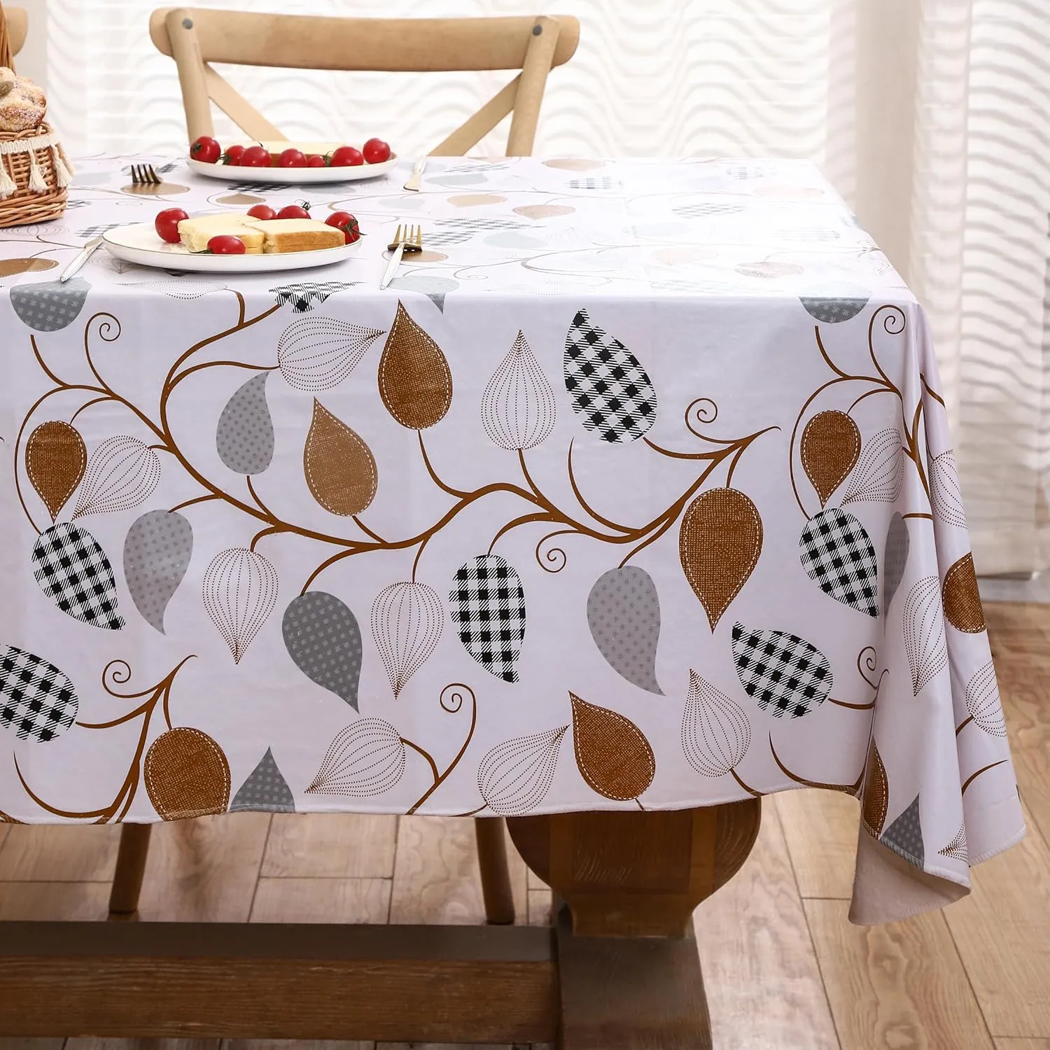 Heavy Duty Vinyl Tablecloth with Flannel Backing Waterproof Oil-Proof Plastic Table Cloth Stain-Resistant Wipeable Rectangle or Square Table Cover for Dining, Camping (Leaves, 60X102 Inch)