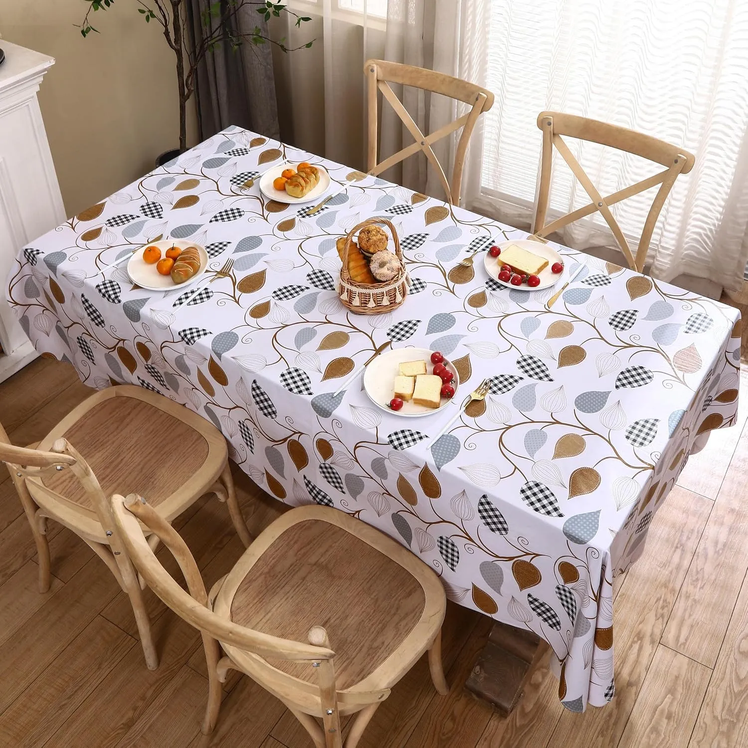 Heavy Duty Vinyl Tablecloth with Flannel Backing Waterproof Oil-Proof Plastic Table Cloth Stain-Resistant Wipeable Rectangle or Square Table Cover for Dining, Camping (Leaves, 60X102 Inch)