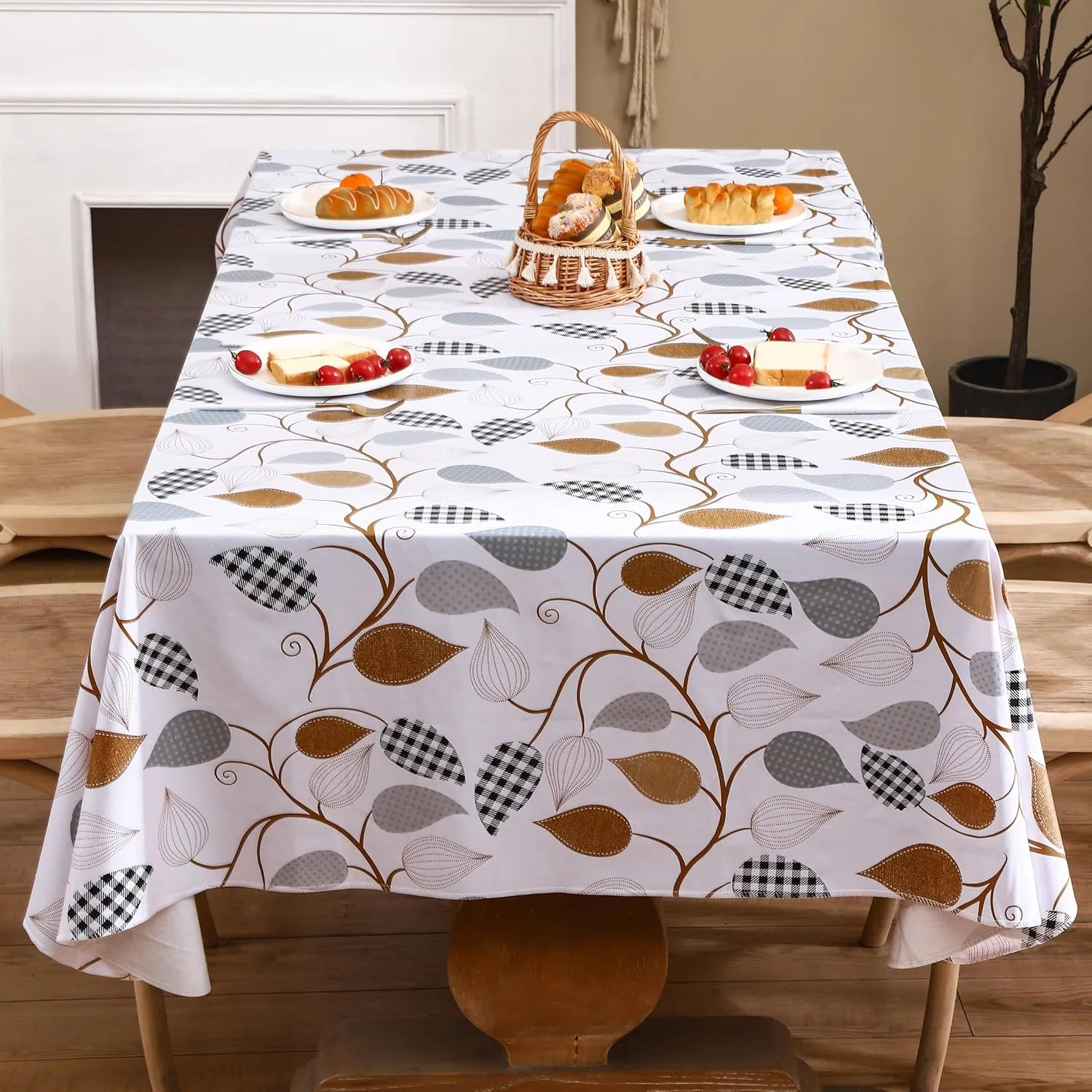 Heavy Duty Vinyl Tablecloth with Flannel Backing Waterproof Oil-Proof Plastic Table Cloth Stain-Resistant Wipeable Rectangle or Square Table Cover for Dining, Camping (Leaves, 60X102 Inch)