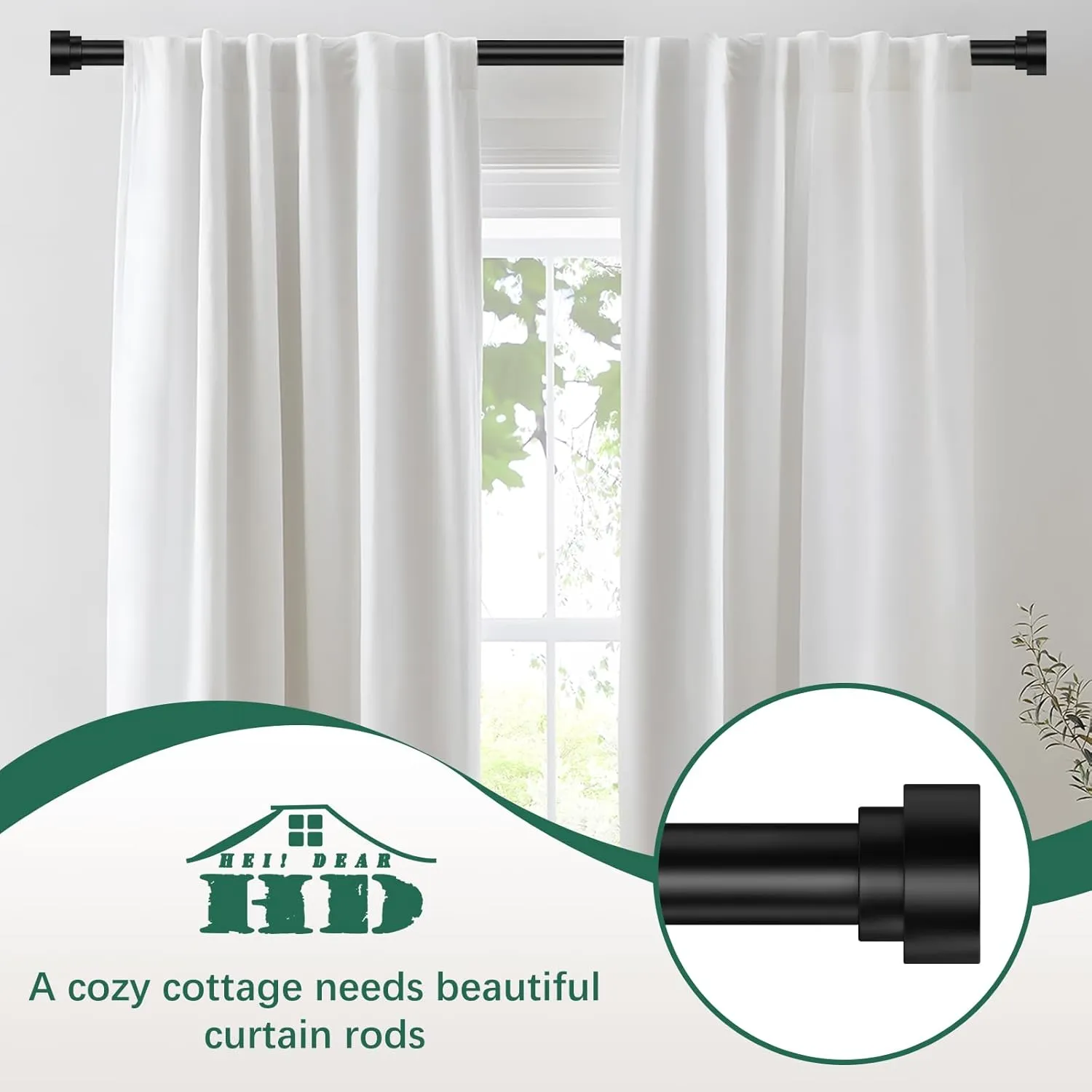 HEI! DEAR 2 Pack Black Curtain Rods 18 to 60 Inch(1.5-5ft),1 Inch Heavy Duty Curtain Rods,Adjustable Curtain Rod Set,Modern Decorative Drapery Rods,Telescoping Window Curtains Rods 18-60",Matte Black