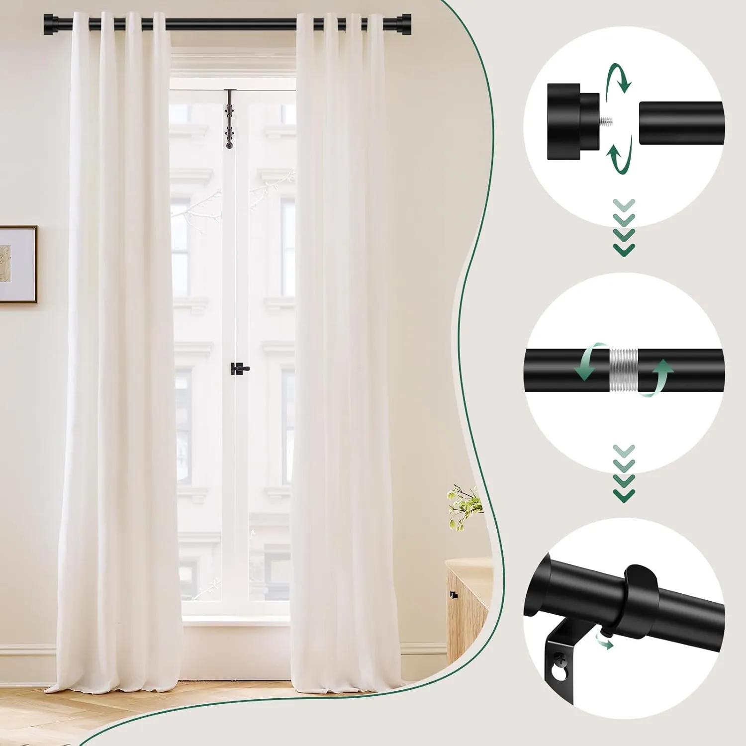 HEI! DEAR 2 Pack Black Curtain Rods 18 to 60 Inch(1.5-5ft),1 Inch Heavy Duty Curtain Rods,Adjustable Curtain Rod Set,Modern Decorative Drapery Rods,Telescoping Window Curtains Rods 18-60",Matte Black