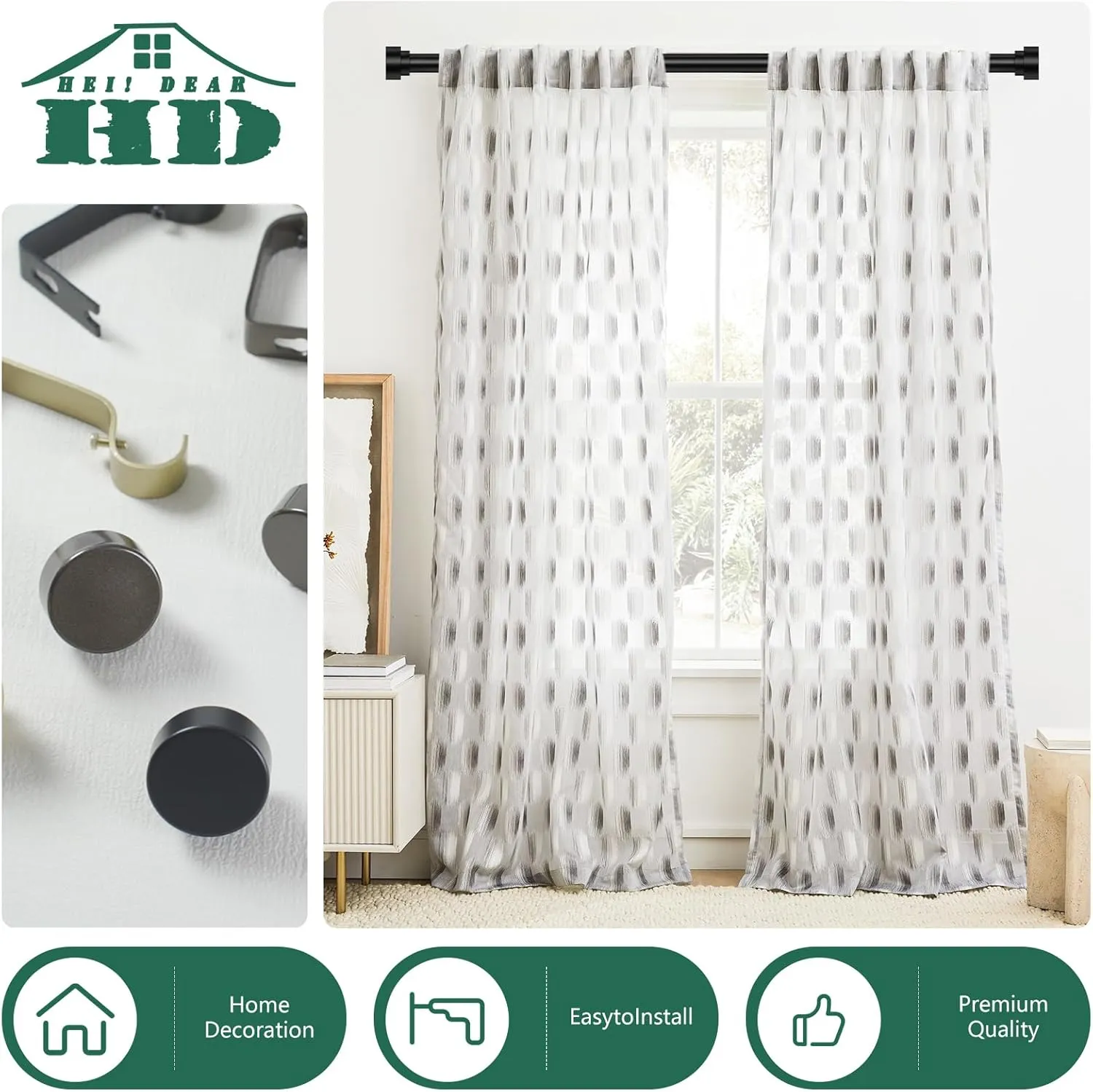 HEI! DEAR 2 Pack Black Curtain Rods 18 to 60 Inch(1.5-5ft),1 Inch Heavy Duty Curtain Rods,Adjustable Curtain Rod Set,Modern Decorative Drapery Rods,Telescoping Window Curtains Rods 18-60",Matte Black