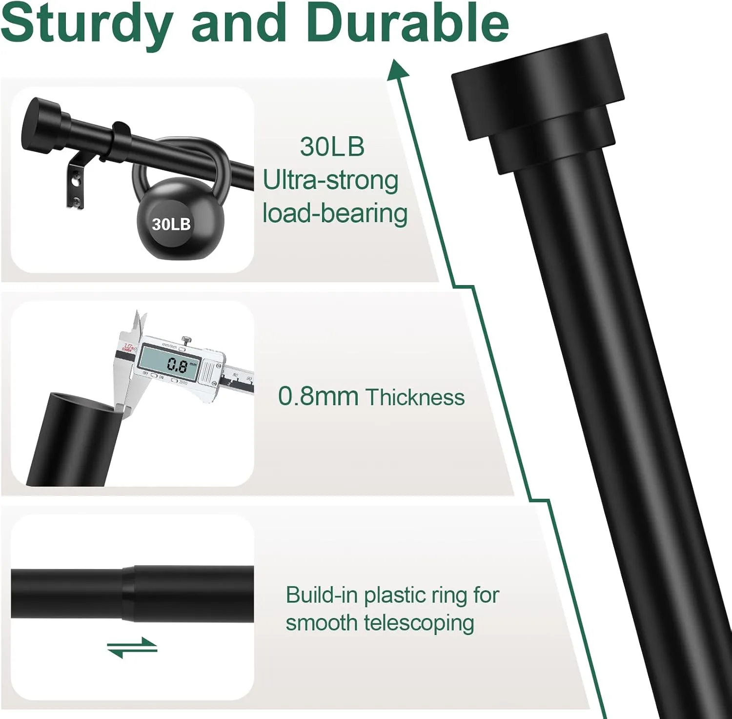 HEI! DEAR 2 Pack Black Curtain Rods 18 to 60 Inch(1.5-5ft),1 Inch Heavy Duty Curtain Rods,Adjustable Curtain Rod Set,Modern Decorative Drapery Rods,Telescoping Window Curtains Rods 18-60",Matte Black