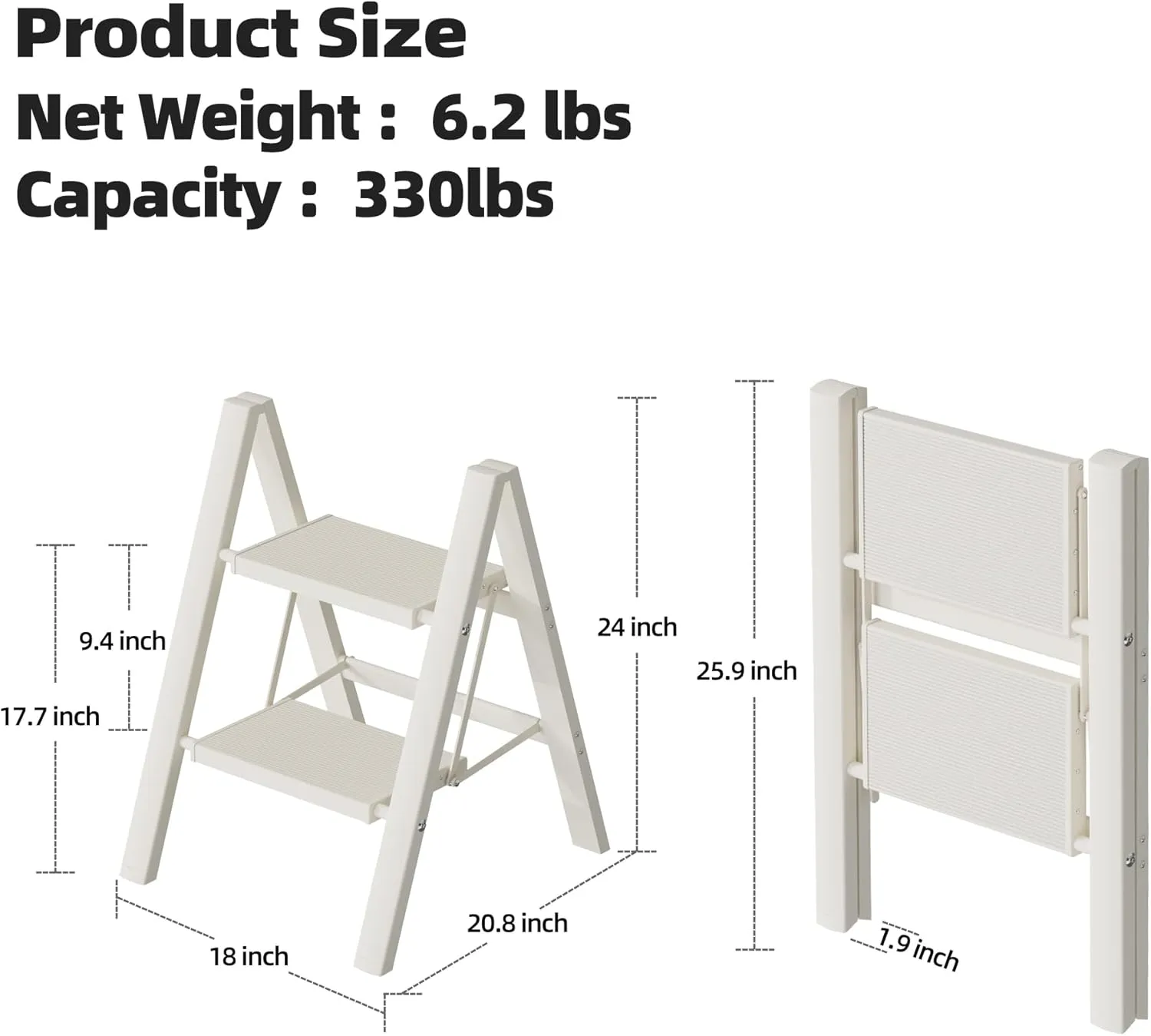 HillhutApex 2 Step Ladder, Lightweight Portable 2 Step Stool with Anti-Slip Wide Pedal, 330lbs Capacity Aluminum Ladder for Household,Office,Library(White)