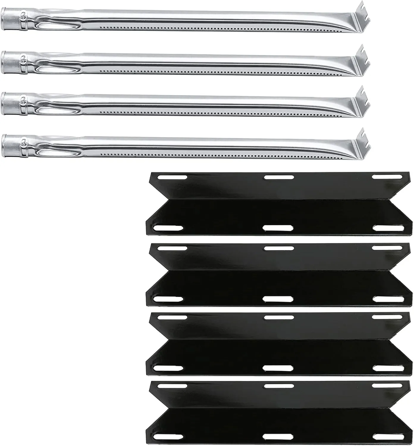 Hisencn Replacement Parts for Charmglow 4 Burner 720-0304, Nexgrill 720-0304, Permasteel PG-50400-S Gas Grill Stainless Steel Burner and Porcelain Heat Plate Tent, Burner Cover, 4 Pack