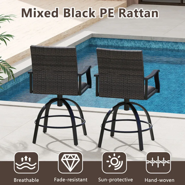 Hivvago 3 Pieces PE Wicker Patio Swivel Bar Set with Quick-Drying Foam-Black