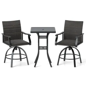 Hivvago 3 Pieces PE Wicker Patio Swivel Bar Set with Quick-Drying Foam-Black