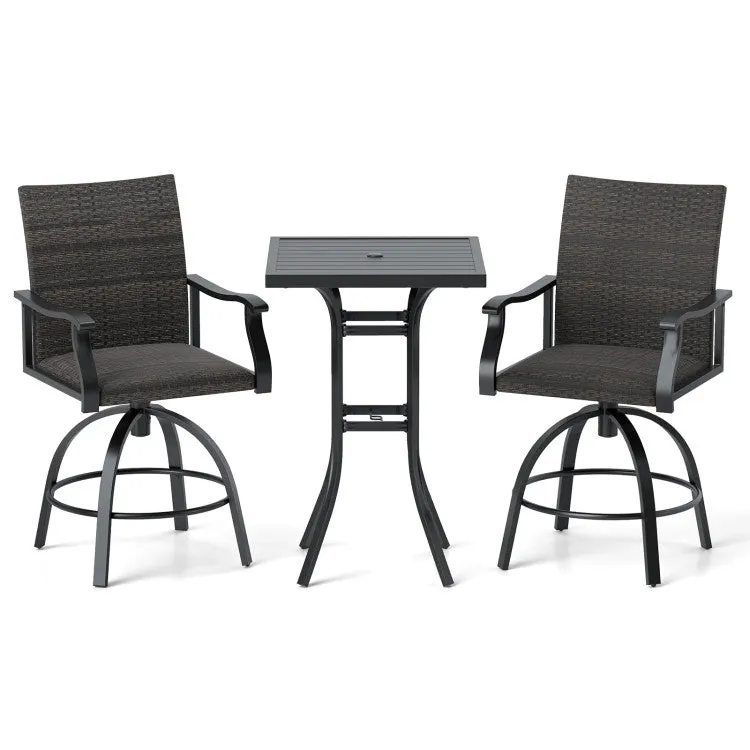 Hivvago 3 Pieces PE Wicker Patio Swivel Bar Set with Quick-Drying Foam-Black