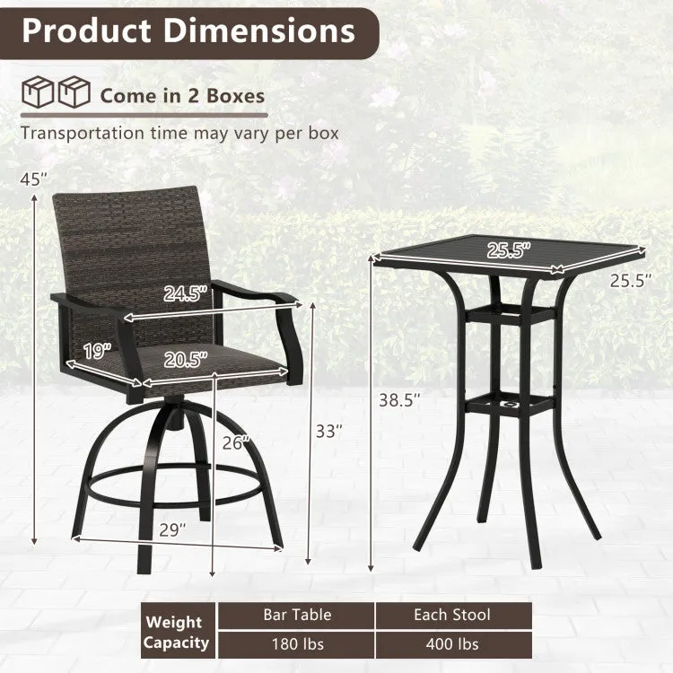 Hivvago 3 Pieces PE Wicker Patio Swivel Bar Set with Quick-Drying Foam-Black