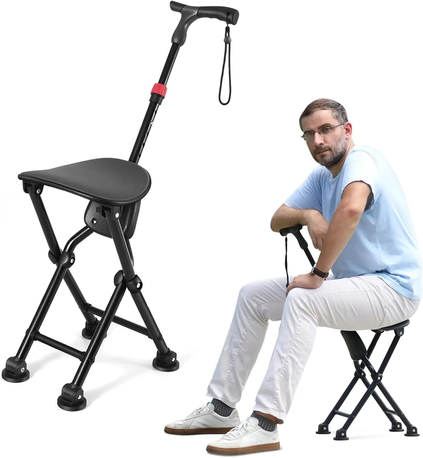 Hold 400 lbs Folding Canes with Seat, Allows Durability While Walking and Convenience for Sitting, Aluminum Portable Anti-Slip Cane Seat, Height-Adjustable Walking Cane.