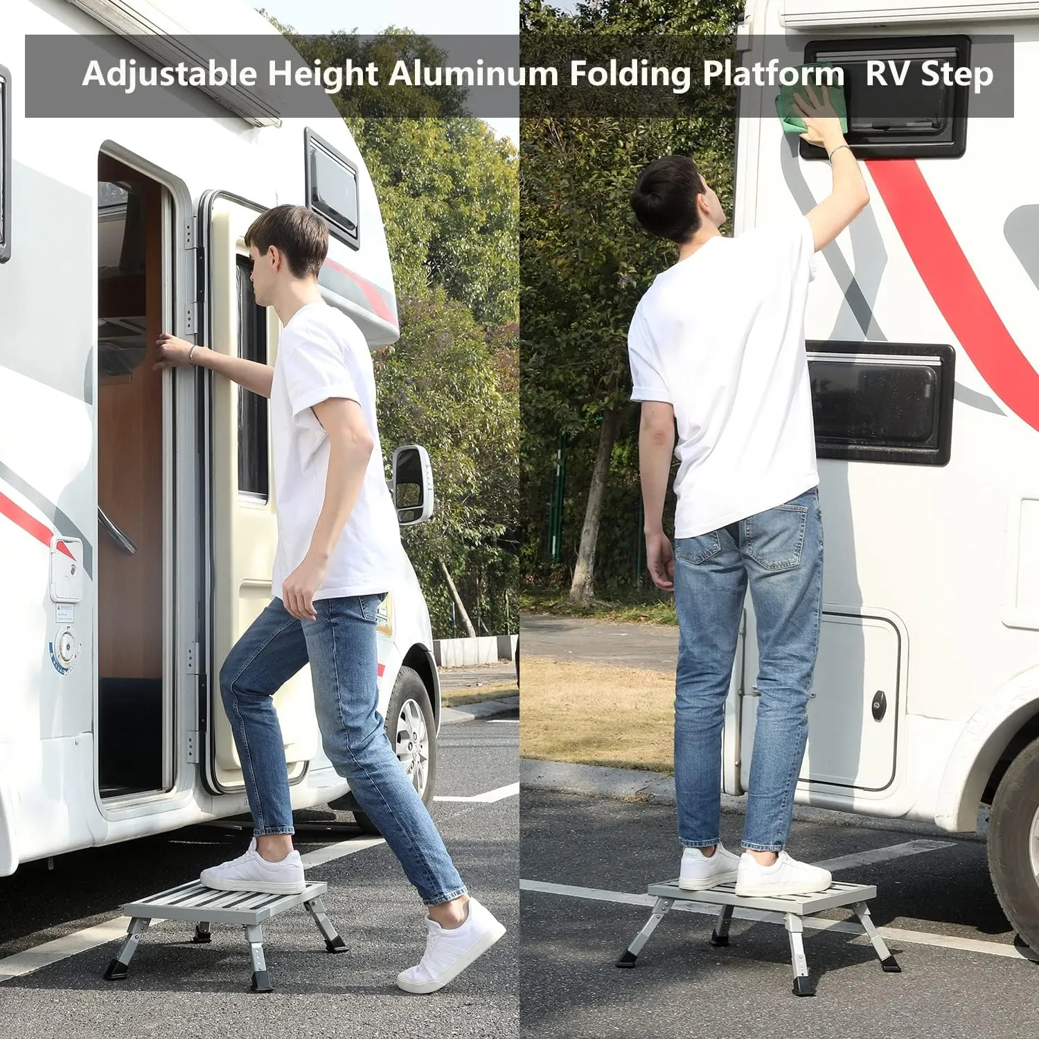 Homeon Wheels Large RV Step Stool, Adjustable Height Aluminum Folding Platform Step and Ladder with Non-Slip Rubber Feet, More Stable Supports Up to 1,500lbs Safety RV Steps 19" x 14.5"