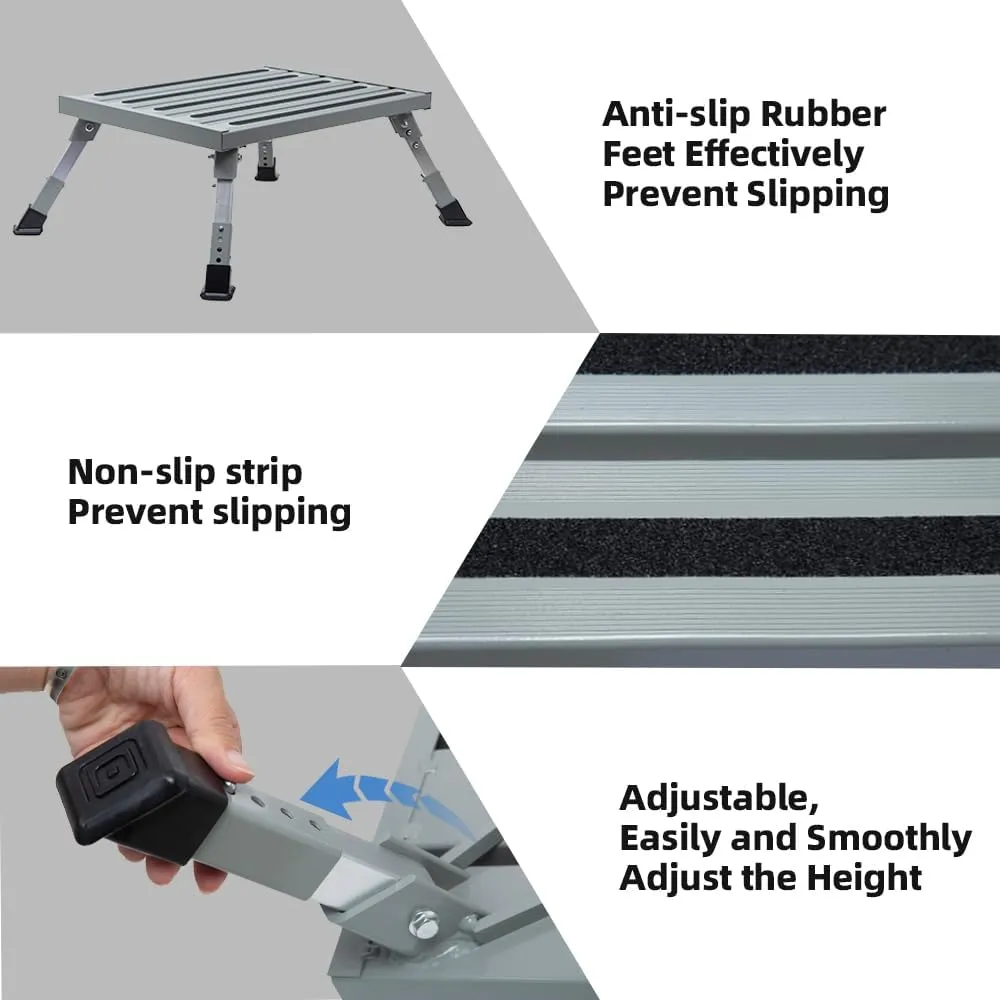 Homeon Wheels Large RV Step Stool, Adjustable Height Aluminum Folding Platform Step and Ladder with Non-Slip Rubber Feet, More Stable Supports Up to 1,500lbs Safety RV Steps 19" x 14.5"
