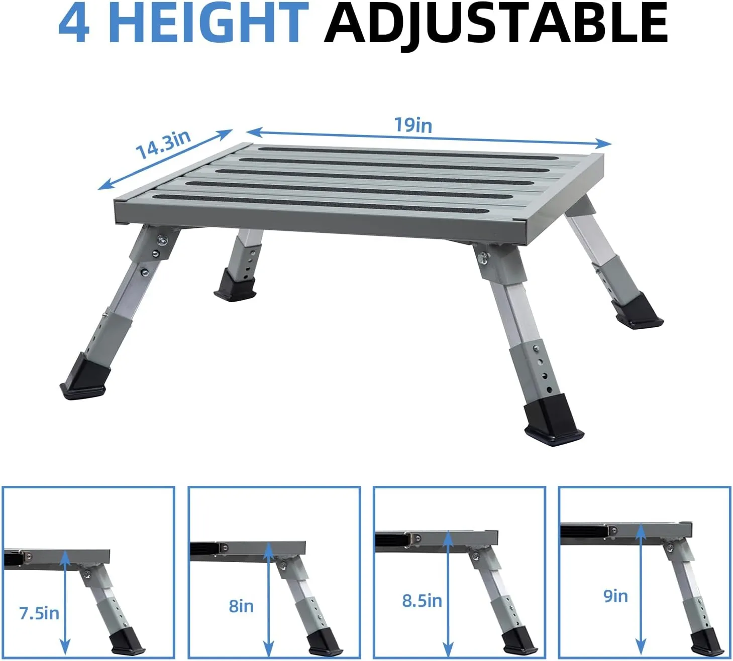 Homeon Wheels Large RV Step Stool, Adjustable Height Aluminum Folding Platform Step and Ladder with Non-Slip Rubber Feet, More Stable Supports Up to 1,500lbs Safety RV Steps 19" x 14.5"