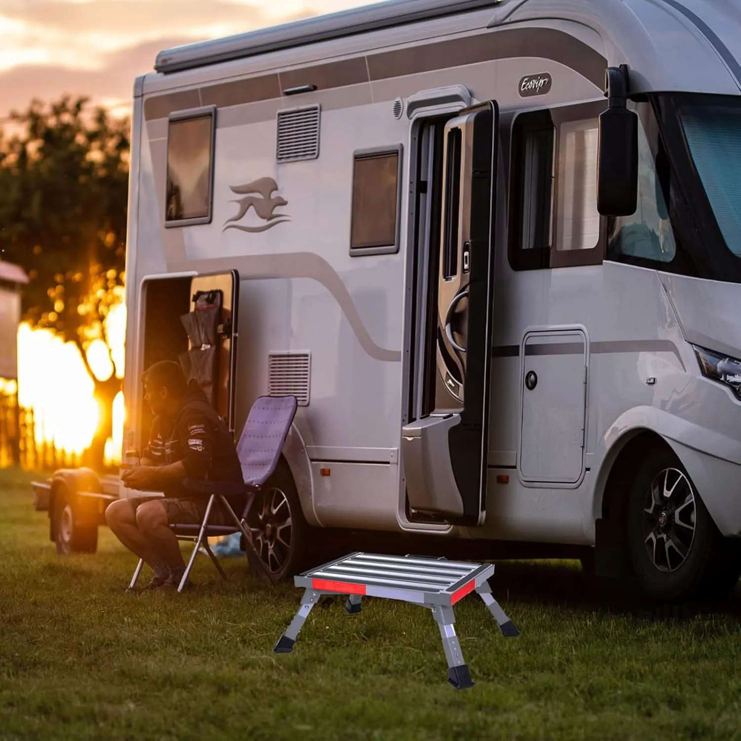 Homeon Wheels RV Step Stool, Adjustable Height Aluminum Folding Platform Step and Ladder with Non-Slip Rubber Feet, More Stable Supports Up to 1000lbs