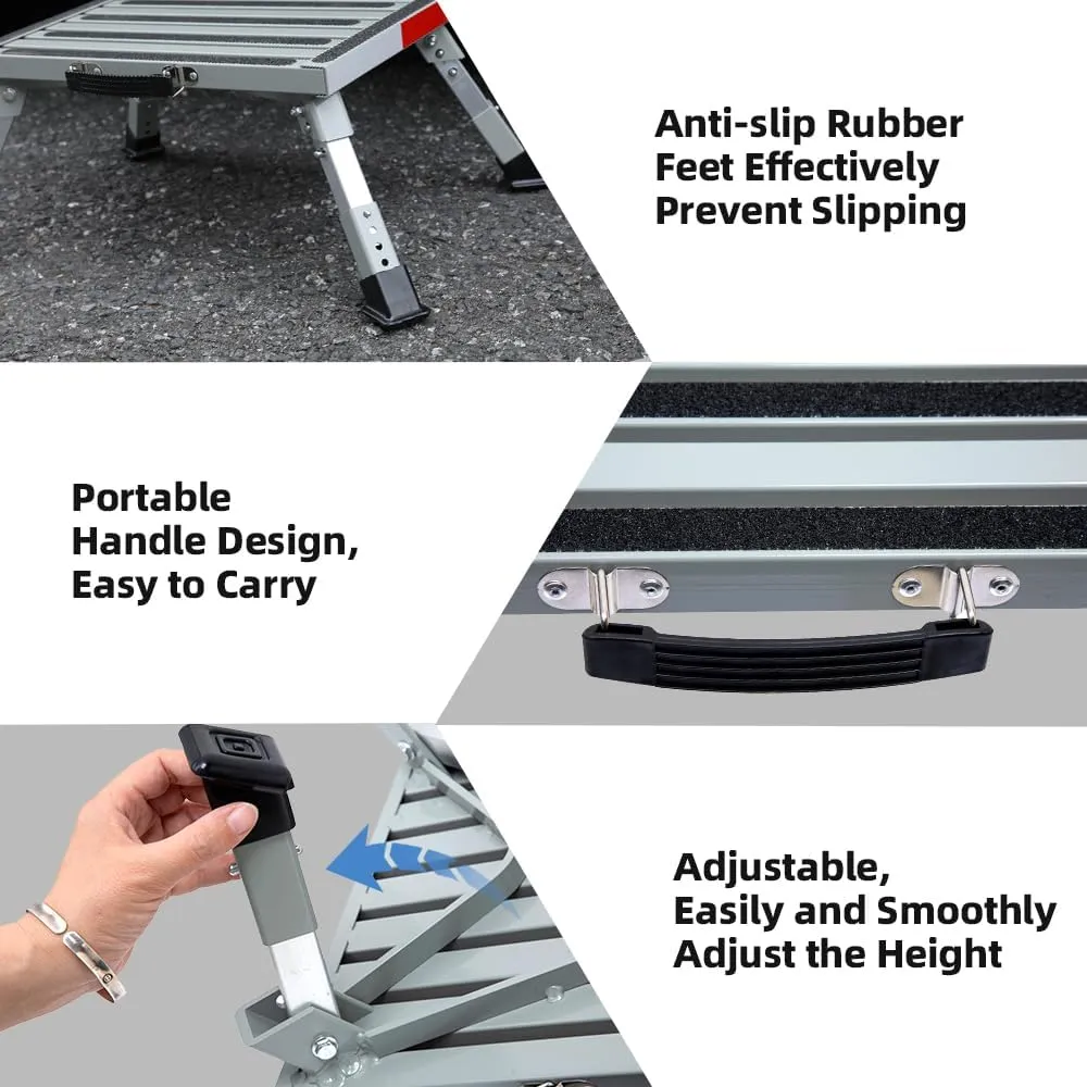 Homeon Wheels RV Steps Adjustable Height Iron Folding Platform Step Sheath Non-Slip Rubber Feet, Anti-Slip Stripe, Handle, More Stable Up to 1000 lbs 16.5" x 12.2"