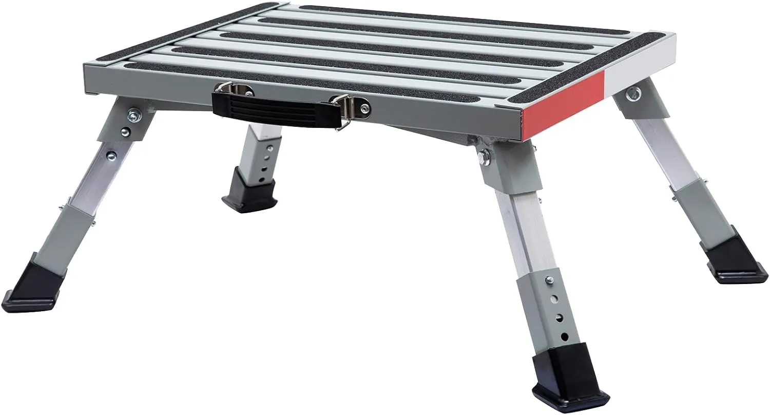 Homeon Wheels RV Steps Adjustable Height Iron Folding Platform Step Sheath Non-Slip Rubber Feet, Anti-Slip Stripe, Handle, More Stable Up to 1000 lbs 16.5" x 12.2"