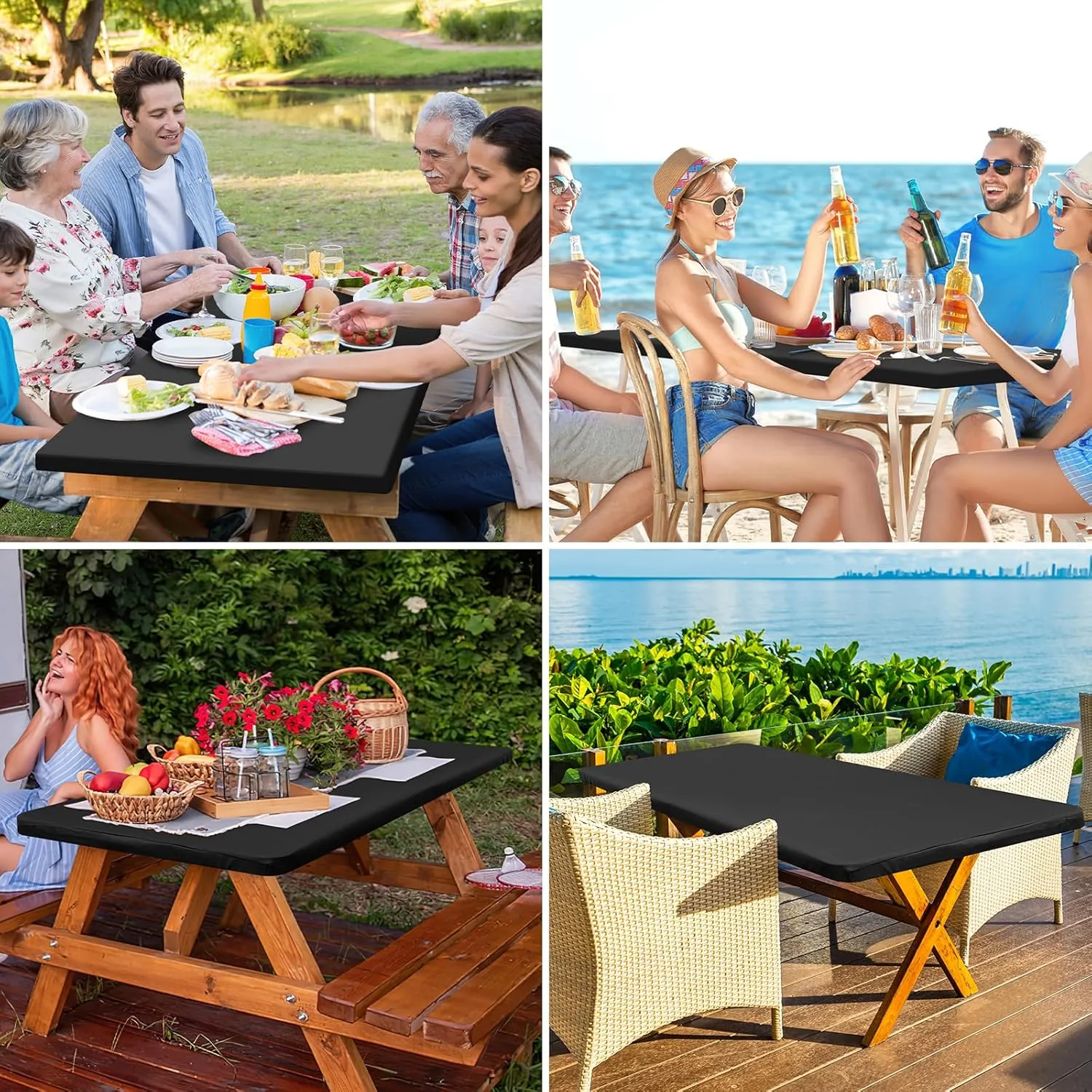 homing Rectangle Table Cloth Cover, Waterproof Polyester Elastic Fitted Tablecloth, Fits for 8 Foot Folding Tables, Washable Table Protector for Picnic, Camping, Outdoor (Black, 36" x 96")