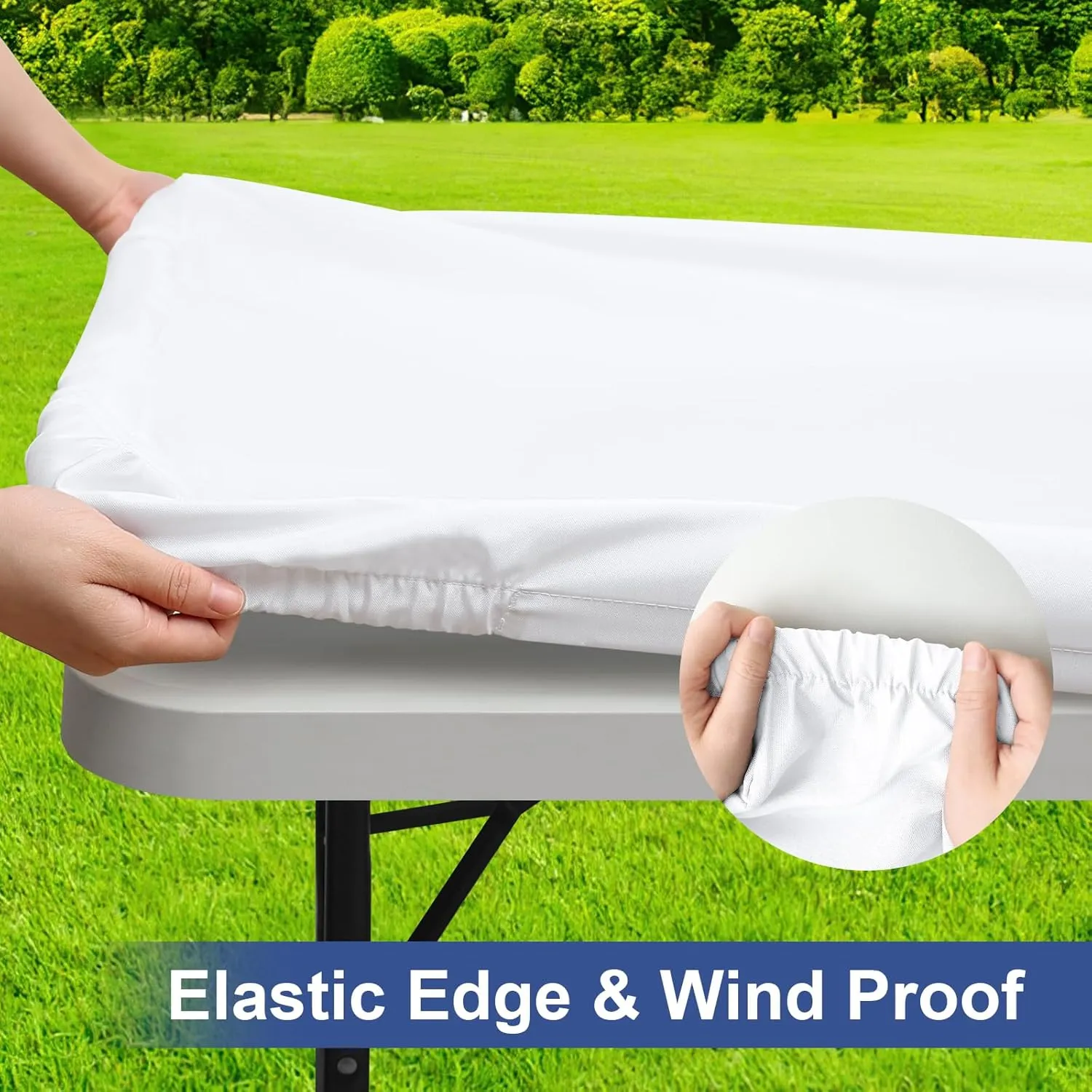 homing Rectangle Table Cloth Cover, Waterproof Polyester Elastic Fitted Tablecloth, Fits for 8 Foot Folding Tables, Washable Table Protector for Picnic, Camping, Outdoor (White, 36" x 96")