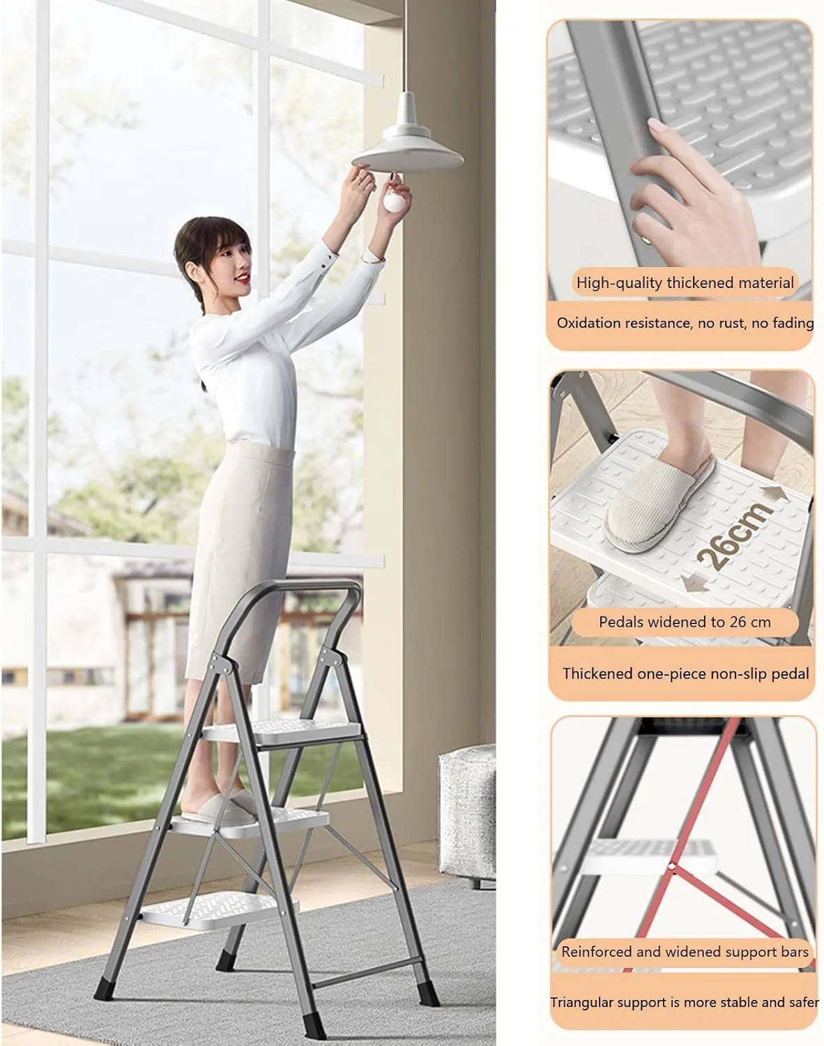 Household with heightened handrail Herringbone Ladder Climbing Ladder Portable Folding Step Stool, Two-Step Ladder/Three-Step Ladder/Four-Step Ladder (Color : Red, Size : Two-Step Ladder)