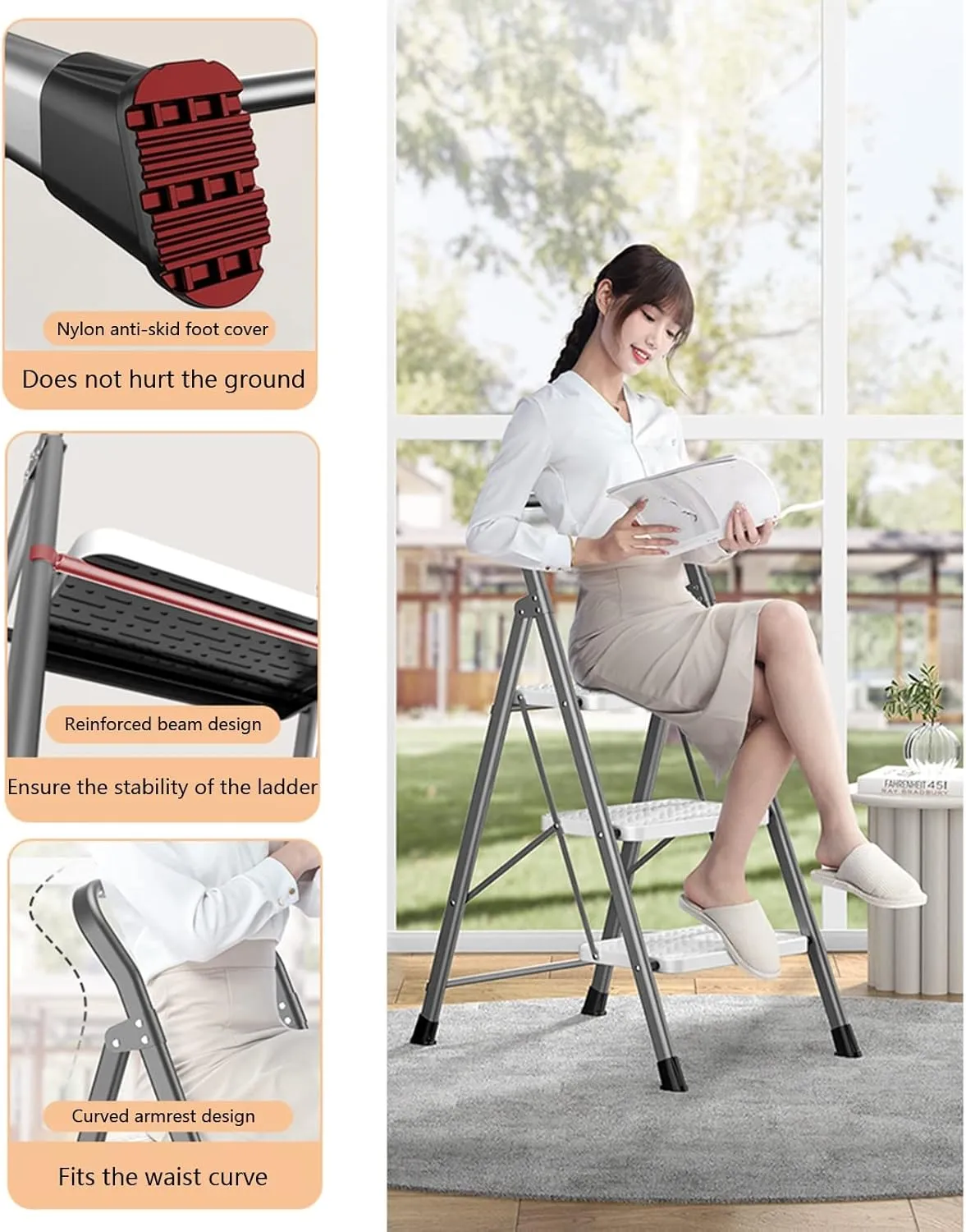 Household with heightened handrail Herringbone Ladder Climbing Ladder Portable Folding Step Stool, Two-Step Ladder/Three-Step Ladder/Four-Step Ladder (Color : Red, Size : Two-Step Ladder)