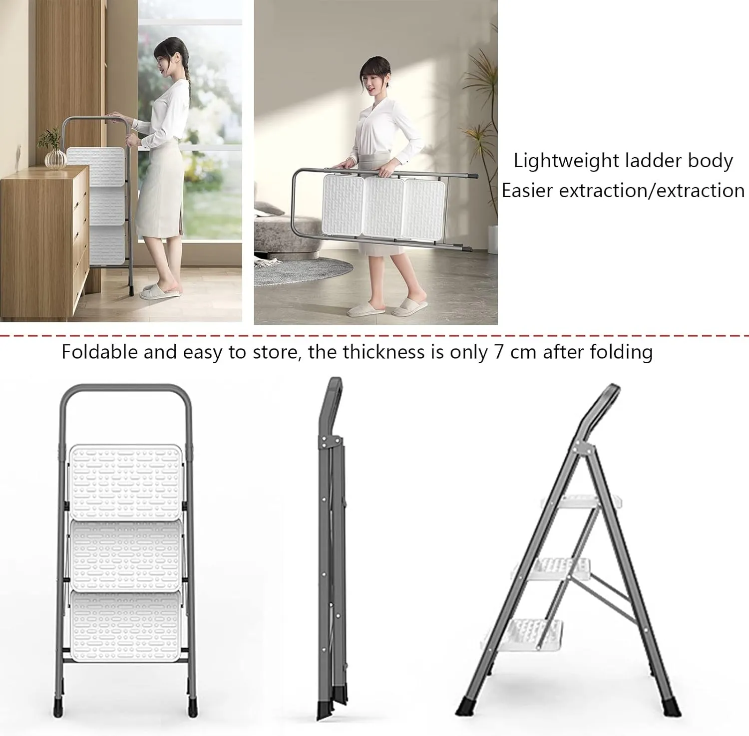 Household with heightened handrail Herringbone Ladder Climbing Ladder Portable Folding Step Stool, Two-Step Ladder/Three-Step Ladder/Four-Step Ladder (Color : Red, Size : Two-Step Ladder)