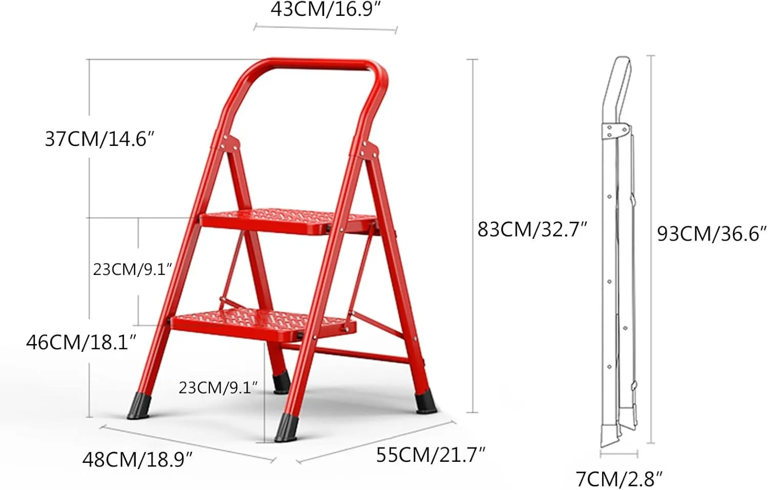 Household with heightened handrail Herringbone Ladder Climbing Ladder Portable Folding Step Stool, Two-Step Ladder/Three-Step Ladder/Four-Step Ladder (Color : Red, Size : Two-Step Ladder)