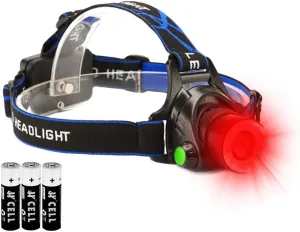 Hunting Red Light Headlamp Zoomable LED Headlight with 3 Lighting Mode and Water Resistant for Running Camping Hiking Reading.