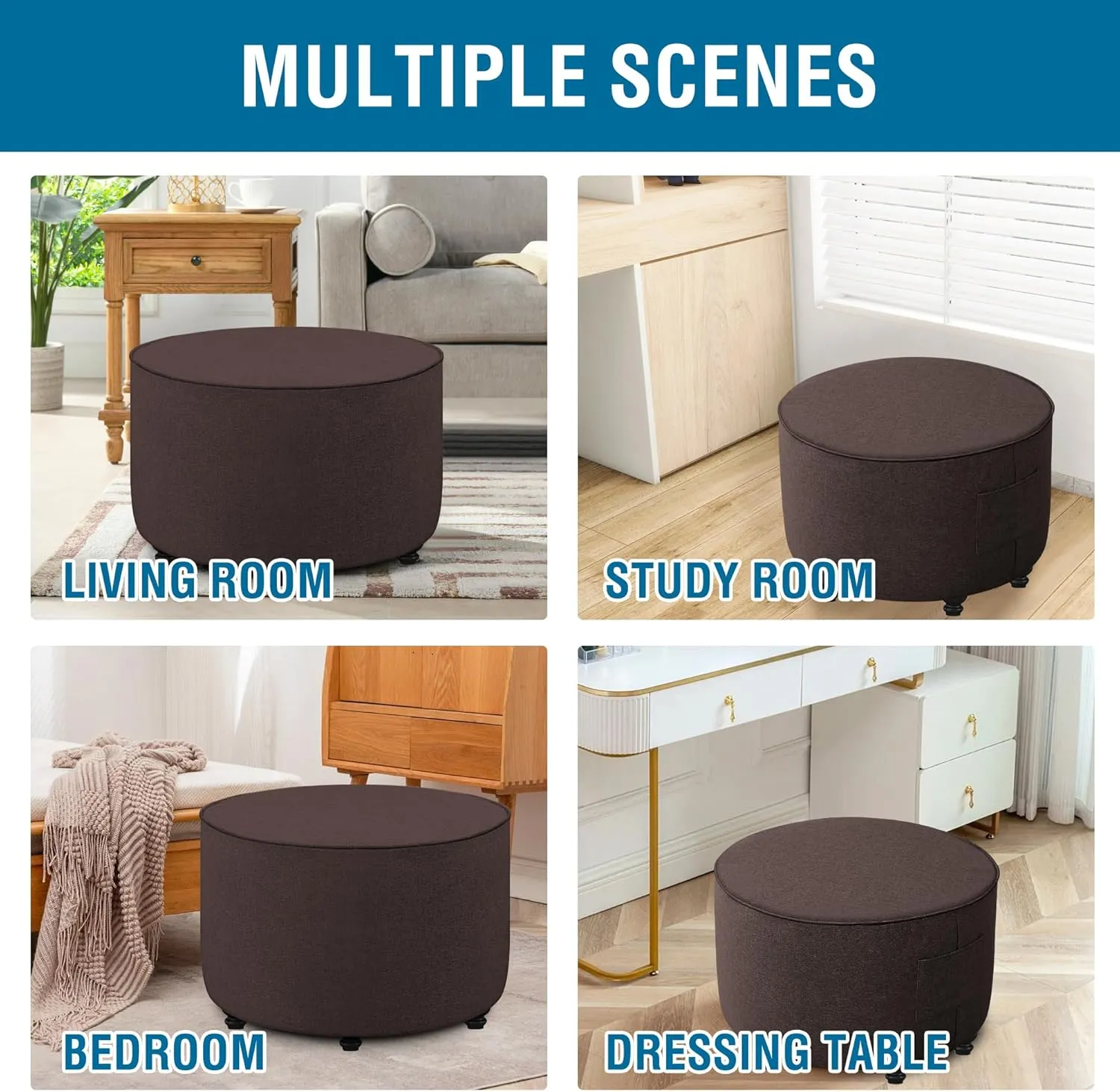 H.VERSAILTEX Round Ottoman Cover Thick Linen Look Ottoman Slipcover Round Ottoman Storage Cover Folding Stool Covers Furniture Protector Cover for Footrest Ottoman Fit Dia 36" - 38", Heather Chocolate