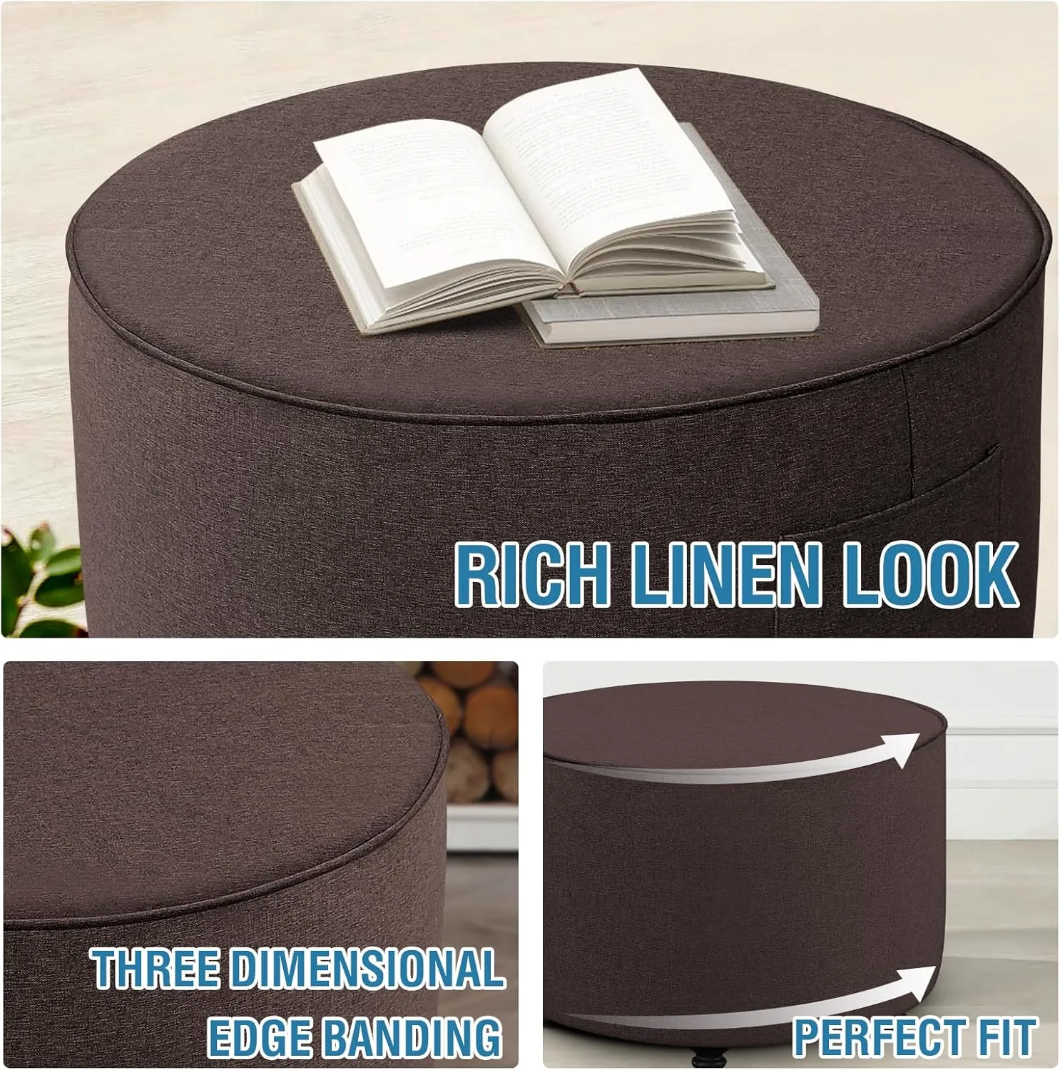 H.VERSAILTEX Round Ottoman Cover Thick Linen Look Ottoman Slipcover Round Ottoman Storage Cover Folding Stool Covers Furniture Protector Cover for Footrest Ottoman Fit Dia 36" - 38", Heather Chocolate