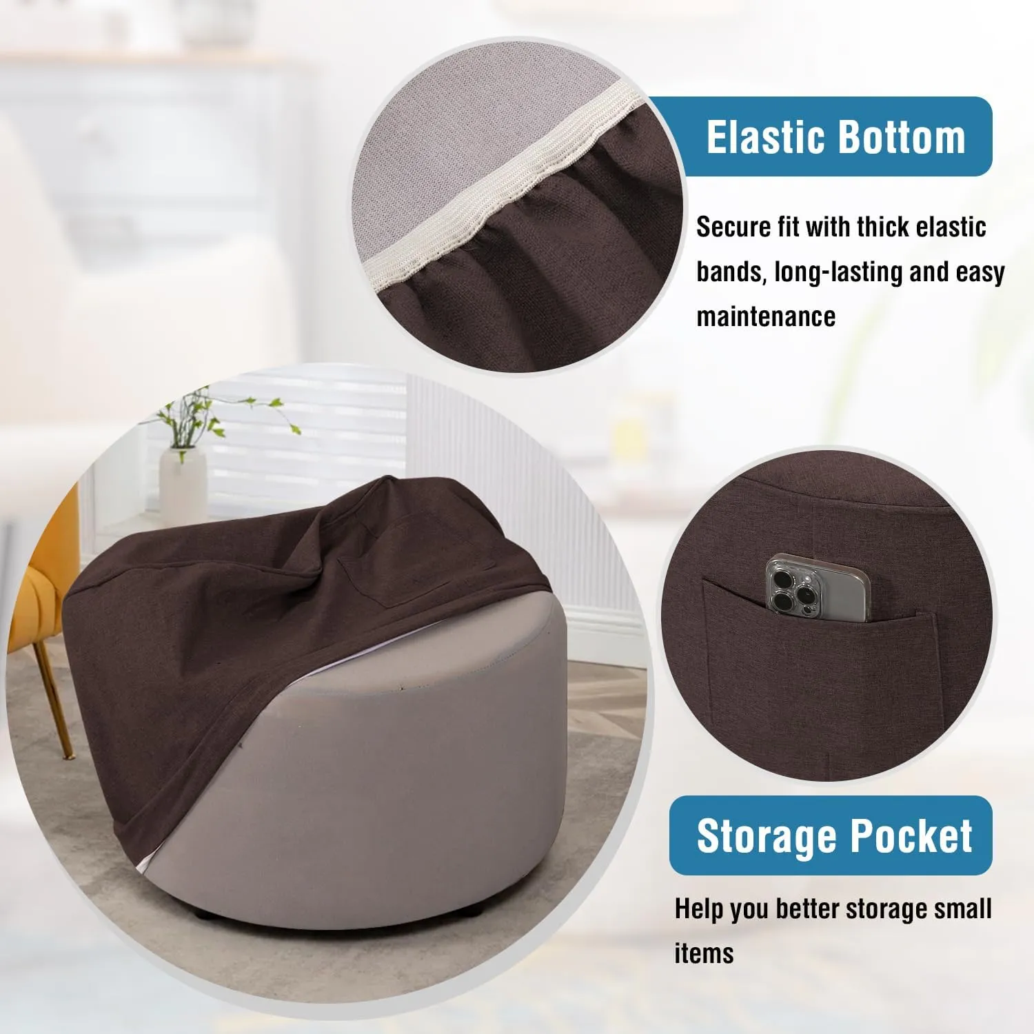 H.VERSAILTEX Round Ottoman Cover Thick Linen Look Ottoman Slipcover Round Ottoman Storage Cover Folding Stool Covers Furniture Protector Cover for Footrest Ottoman Fit Dia 36" - 38", Heather Chocolate