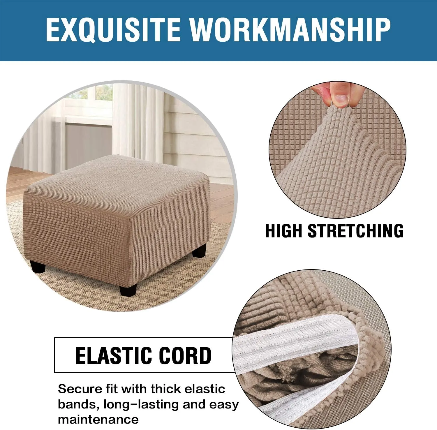 H.VERSAILTEX Square Ottoman Covers Ottoman Slipcovers Folding Storage Stool Furniture Protector Form Fit with Elastic Bottom, Stretch High Spandex Small Checks Jacquard Fabric(Large,Sand)