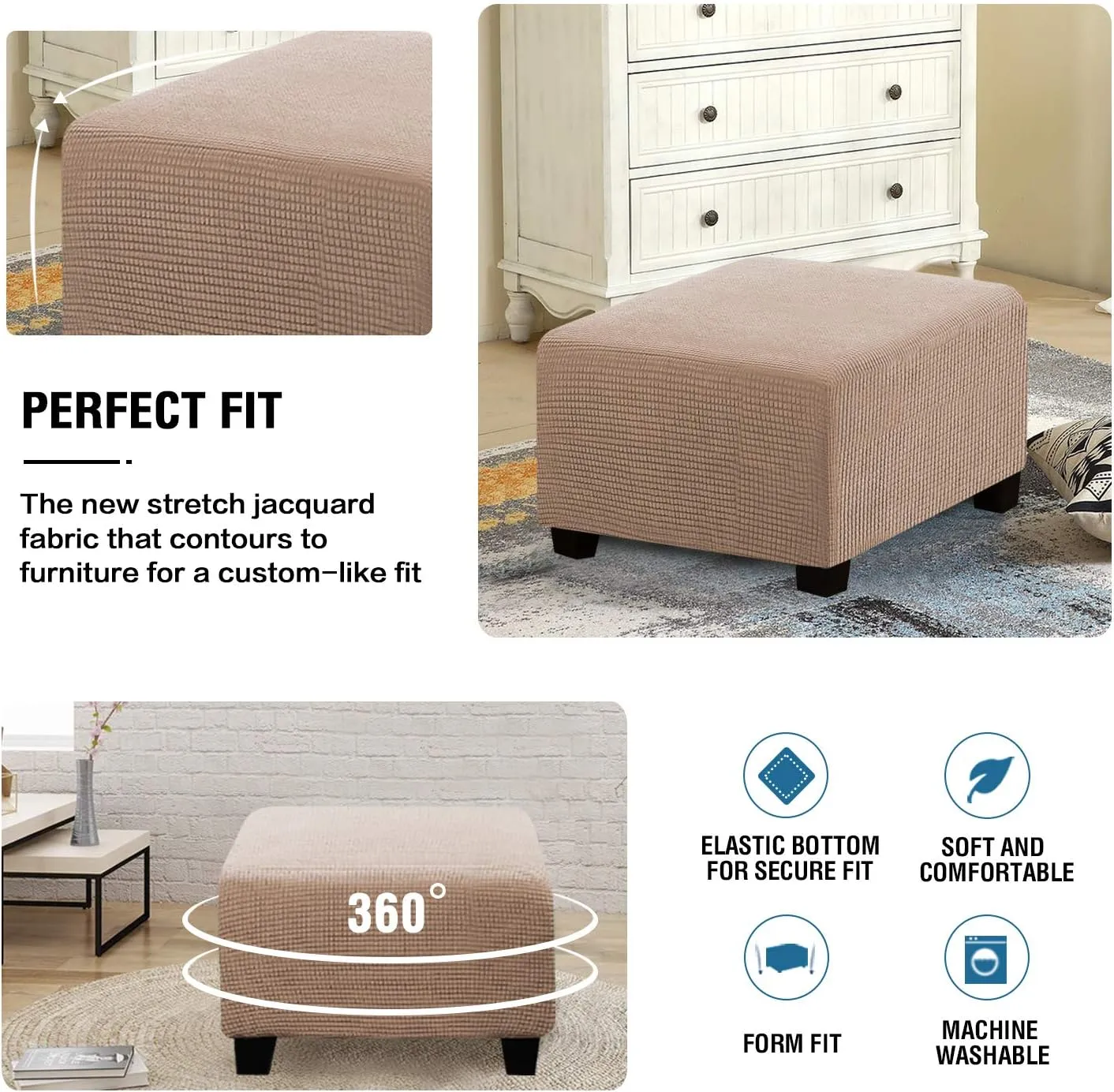 H.VERSAILTEX Square Ottoman Covers Ottoman Slipcovers Folding Storage Stool Furniture Protector Form Fit with Elastic Bottom, Stretch High Spandex Small Checks Jacquard Fabric(Large,Sand)