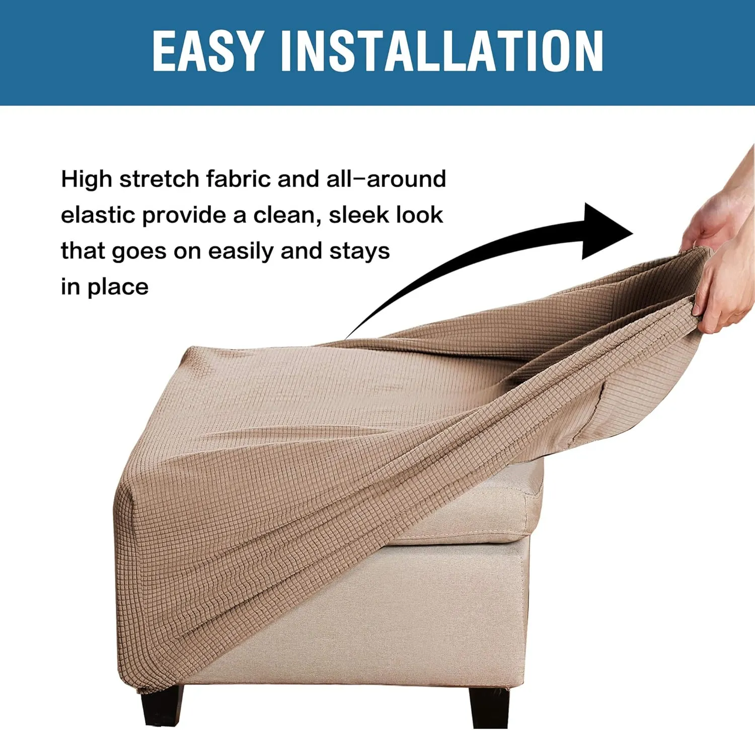 H.VERSAILTEX Square Ottoman Covers Ottoman Slipcovers Folding Storage Stool Furniture Protector Form Fit with Elastic Bottom, Stretch High Spandex Small Checks Jacquard Fabric(Large,Sand)