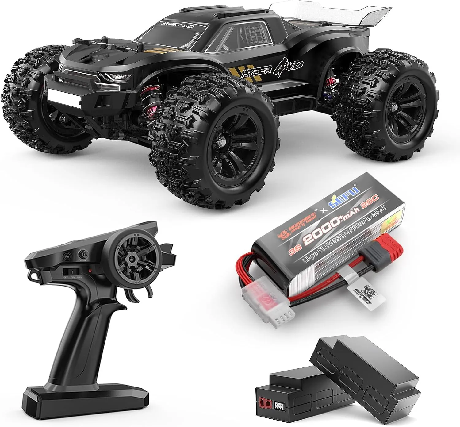 HYPER GO H16BM Brushless 42 Mph Fast RC Cars for Adults, 1/16 Hobby Off-Road RC Truck, RTR Remote Control Car (2 x 2S Lipo and 1 x 3S Lipo Battery and 3S Charging Cable Included