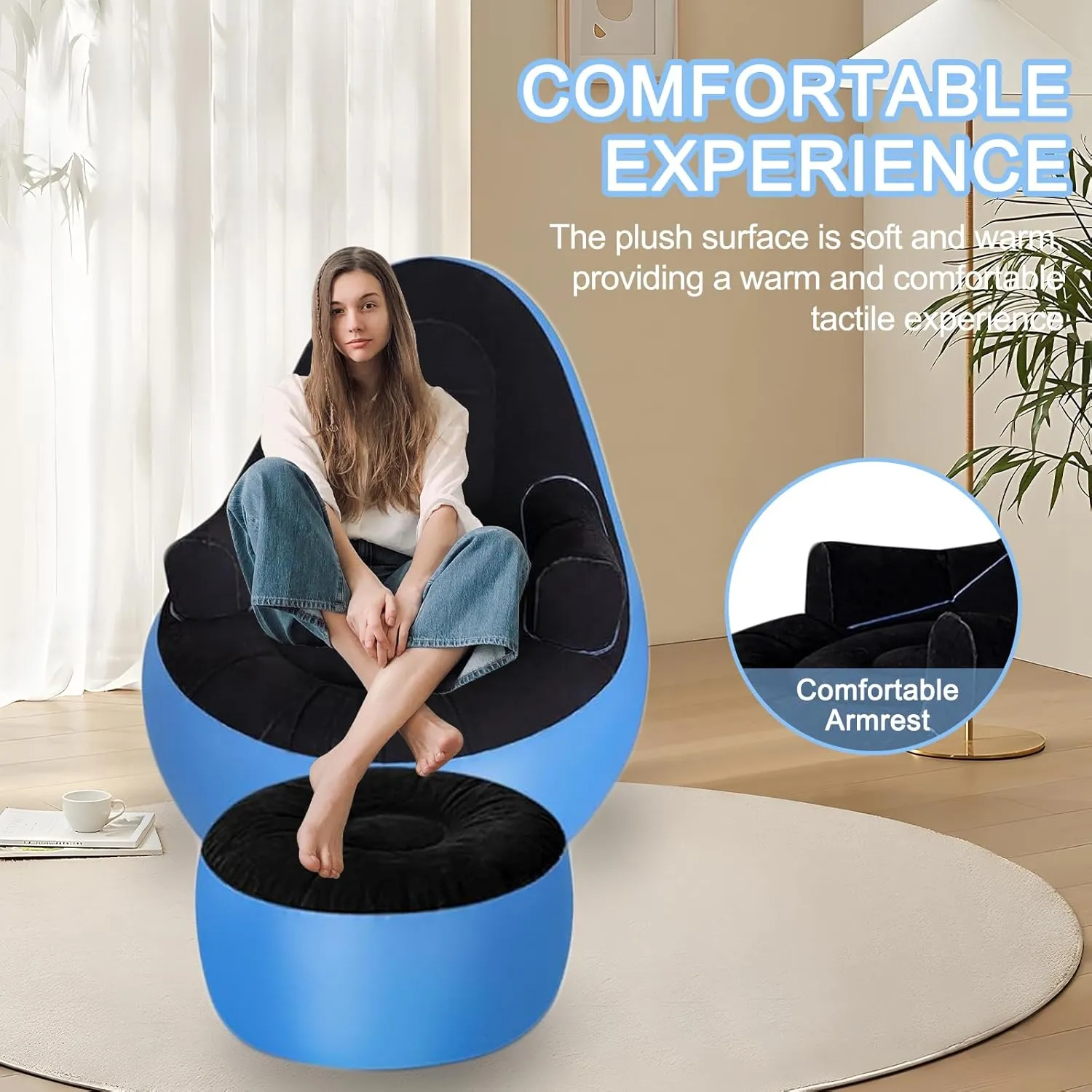 Inflatable Deck Chairs with Air Pump, Inflatable Patio Lounge Chairs for Indoor Living Room Bedroom, Outdoor Travel Camping Picnic Beach Chaise Lounges (Black Blue)