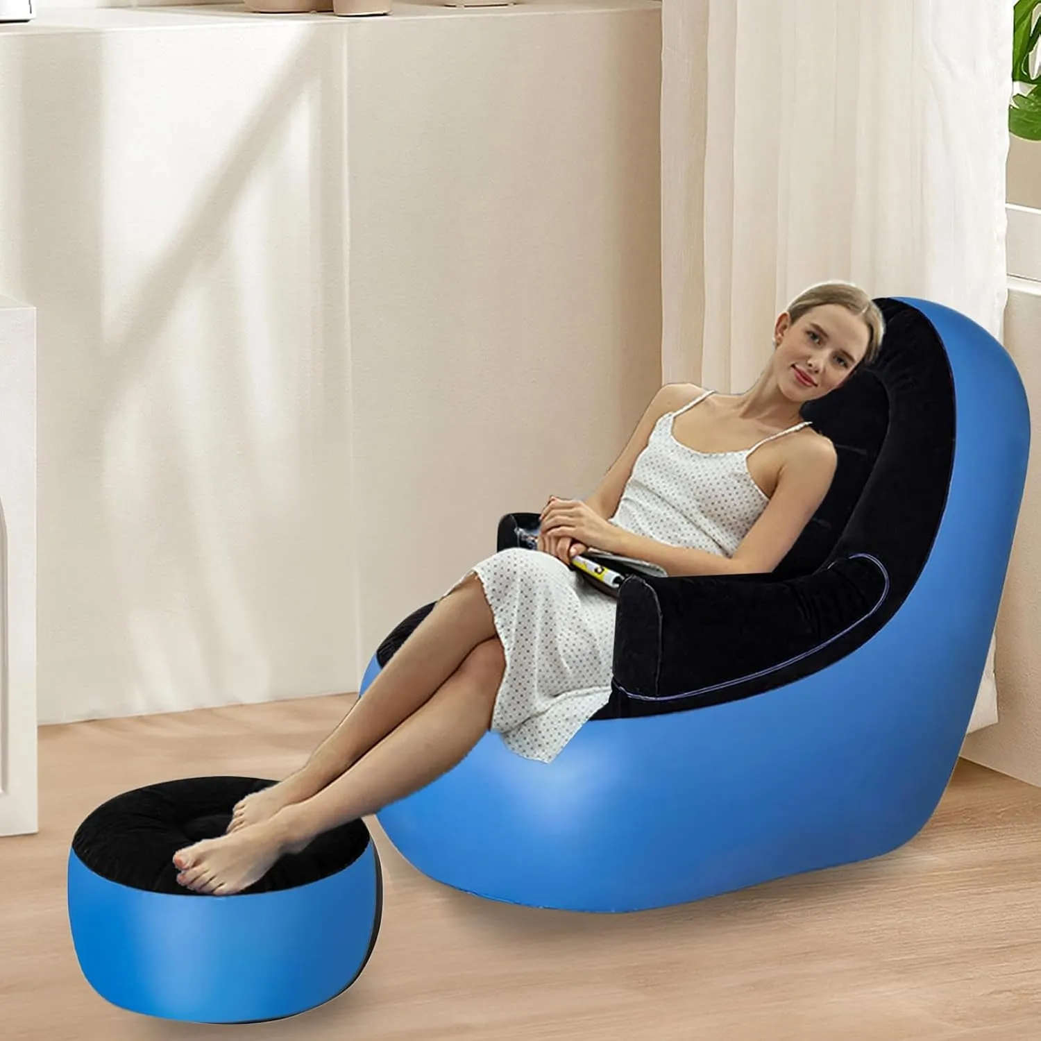 Inflatable Deck Chairs with Air Pump, Inflatable Patio Lounge Chairs for Indoor Living Room Bedroom, Outdoor Travel Camping Picnic Beach Chaise Lounges (Black Blue)