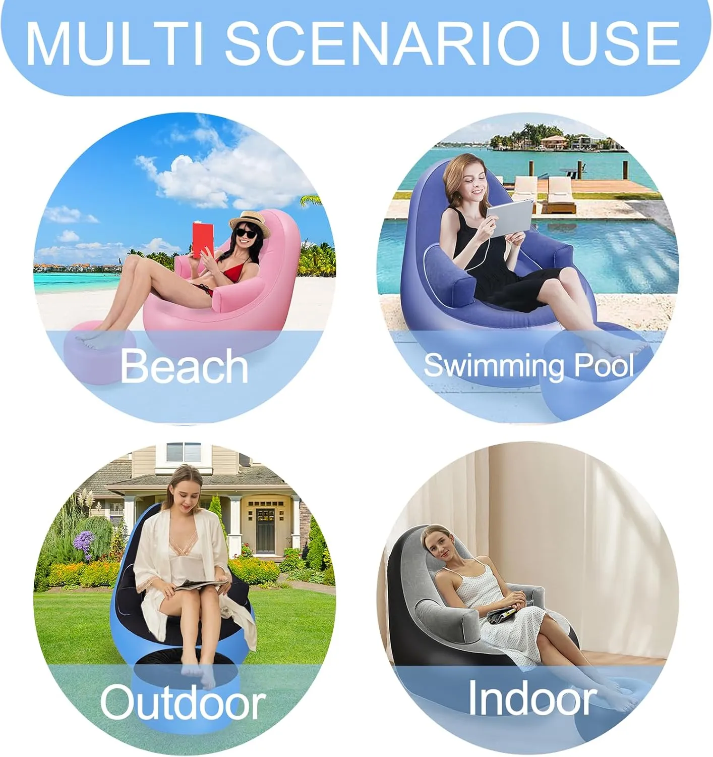 Inflatable Deck Chairs with Air Pump, Inflatable Patio Lounge Chairs for Indoor Living Room Bedroom, Outdoor Travel Camping Picnic Beach Chaise Lounges (Black Blue)