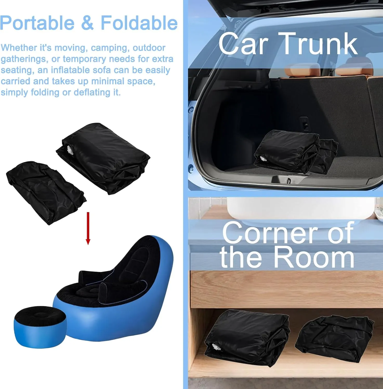 Inflatable Deck Chairs with Air Pump, Inflatable Patio Lounge Chairs for Indoor Living Room Bedroom, Outdoor Travel Camping Picnic Beach Chaise Lounges (Black Blue)