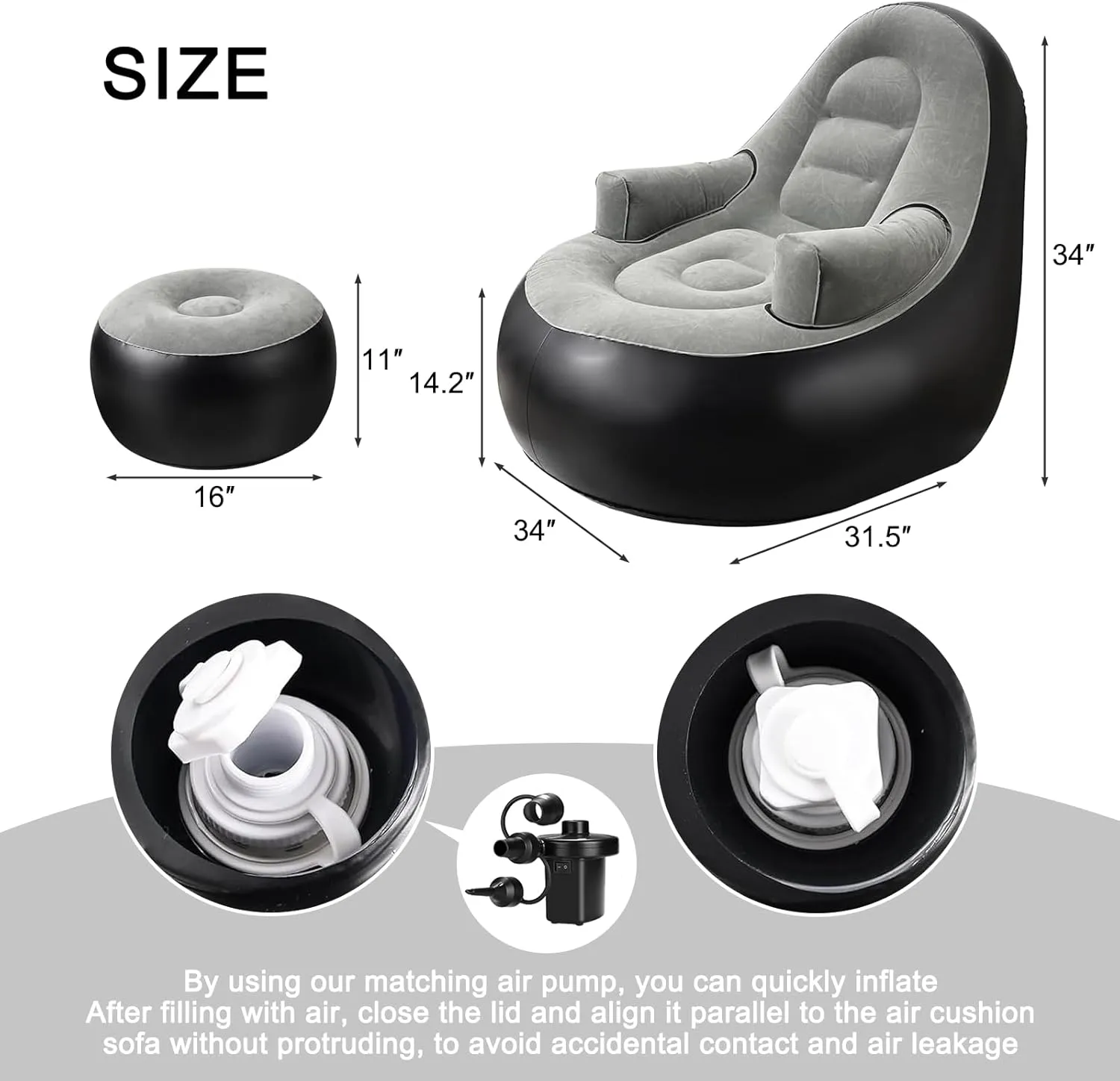 Inflatable Deck Chairs with Air Pump, Inflatable Patio Lounge Chairs for Indoor Living Room Bedroom, Outdoor Travel Camping Picnic Beach Chaise Lounges (Black Gray)