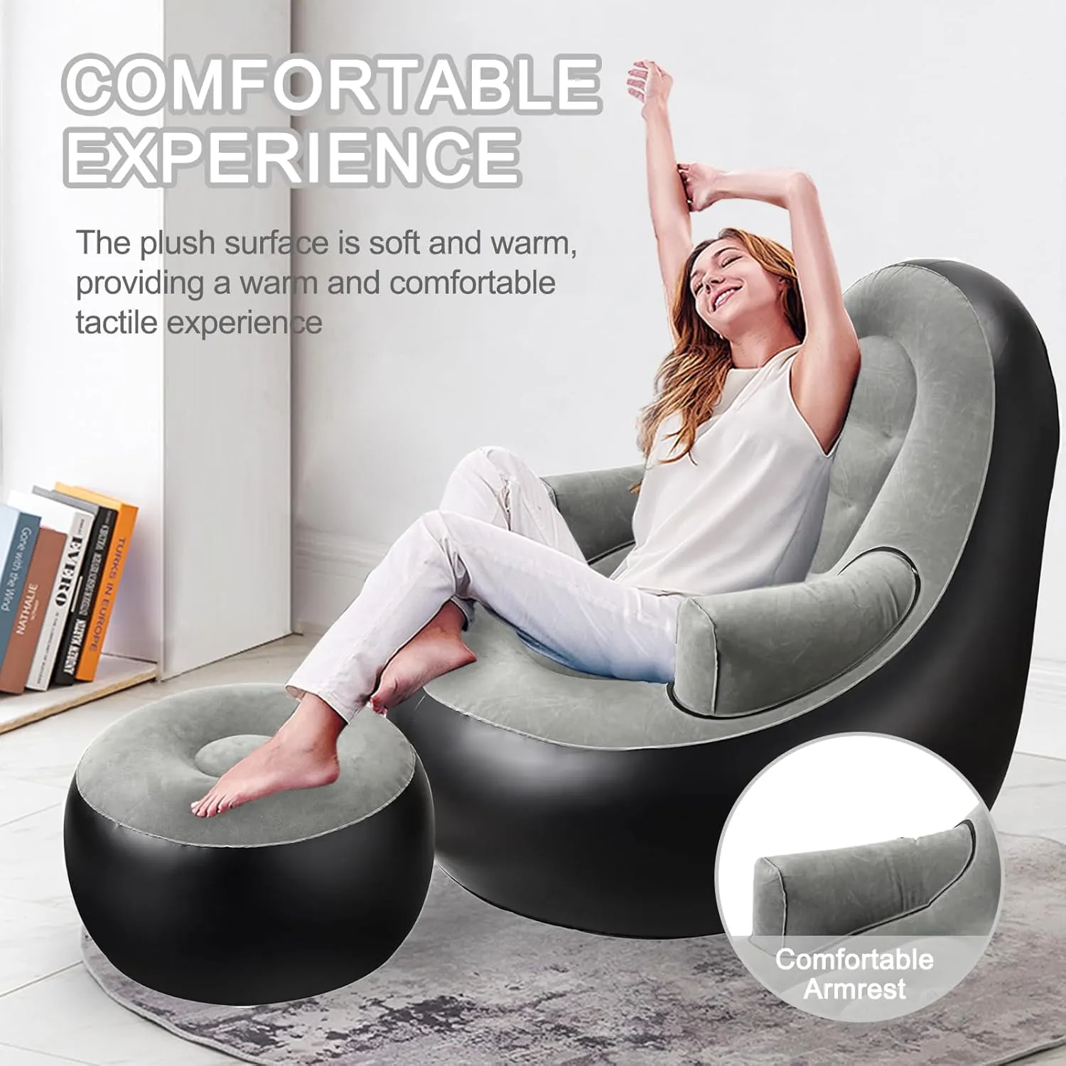 Inflatable Deck Chairs with Air Pump, Inflatable Patio Lounge Chairs for Indoor Living Room Bedroom, Outdoor Travel Camping Picnic Beach Chaise Lounges (Black Gray)