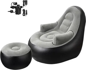 Inflatable Deck Chairs with Air Pump, Inflatable Patio Lounge Chairs for Indoor Living Room Bedroom, Outdoor Travel Camping Picnic Beach Chaise Lounges (Black Gray)